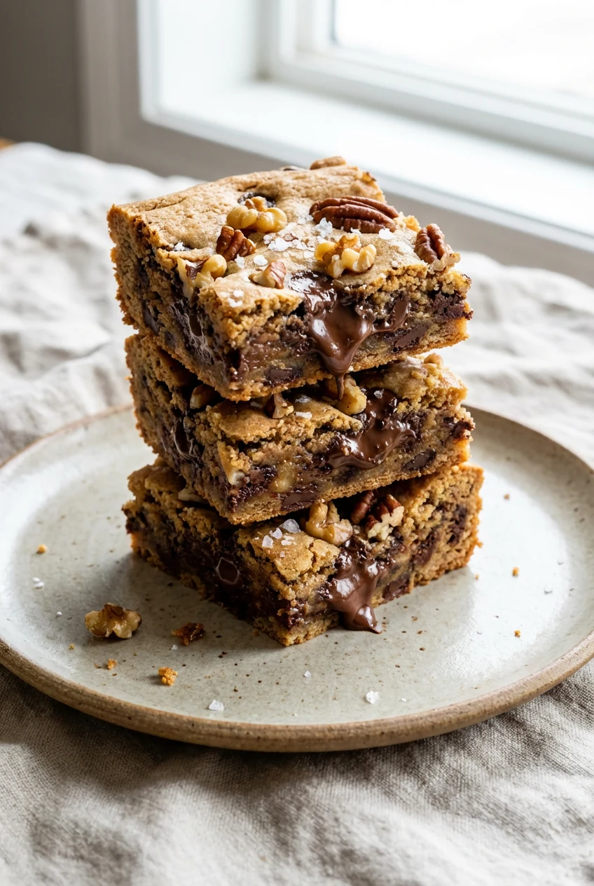 Final presentation: three neatly cut cookie bar squares stacked on a matte ceramic plate, visible chocolate puddles and 