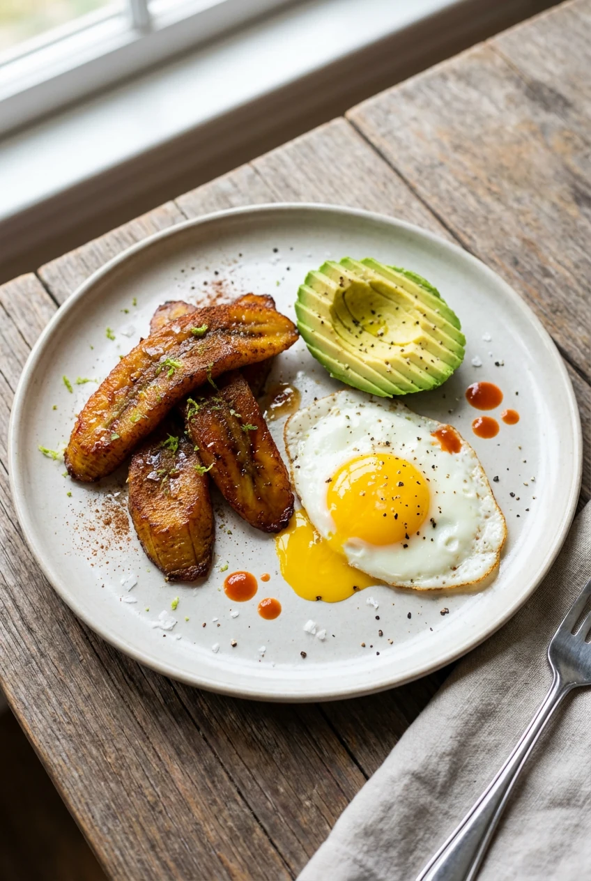 Final brunch plate: sweet maduros glazed with chili-lime honey beside a sunny-side-up egg, avocado fan, and a few drops 
