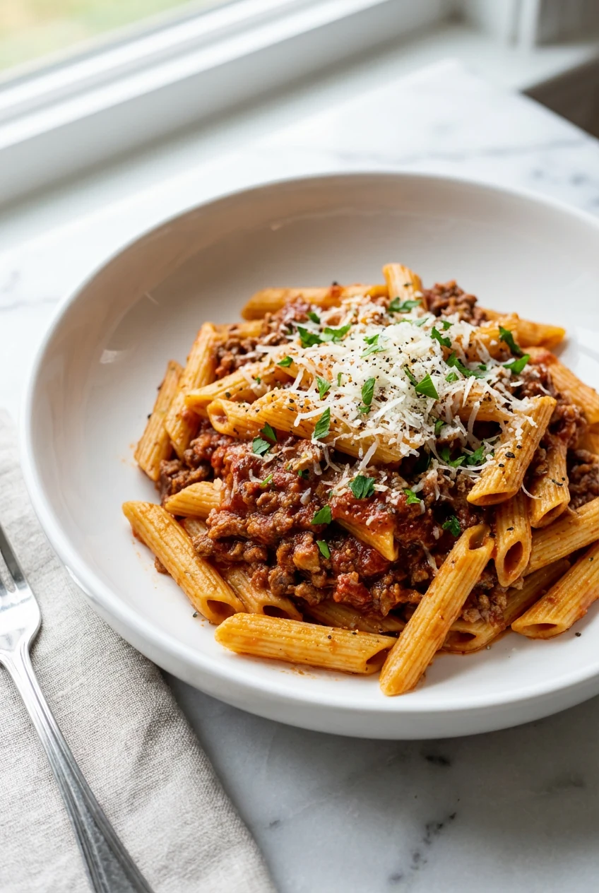 Final dish: beautifully plated penne with ground meat ragu, deep red glossy sauce clinging to ridges, shower of grated p