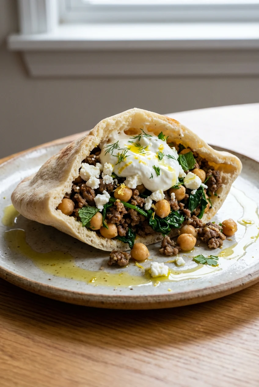 Three-quarter angle of warm pita stuffed with the lamb–chickpea–greens mixture, topped with snowy feta and a creamy Gree