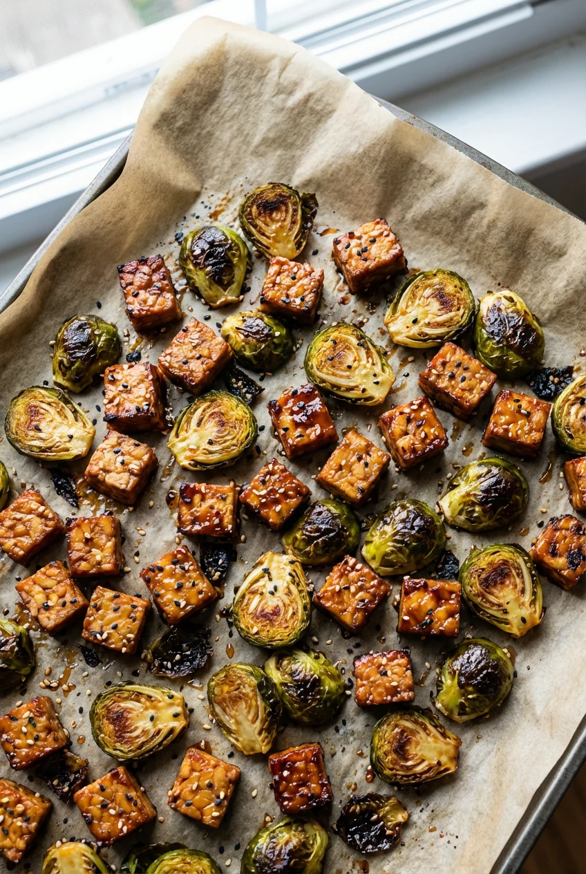Overhead shot of miso–maple roasted tempeh with Brussels sprouts on a parchment-lined sheet pan, caramelized edges and s
