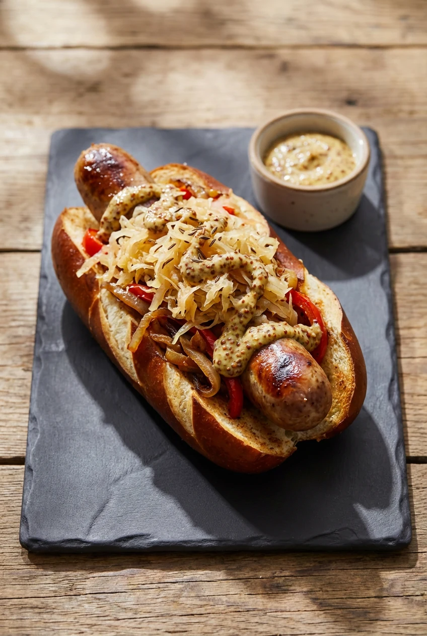 3. Beautifully plated final brat in a toasted pretzel bun: bronzed sausage with snap, piled with sauerkraut and soft oni