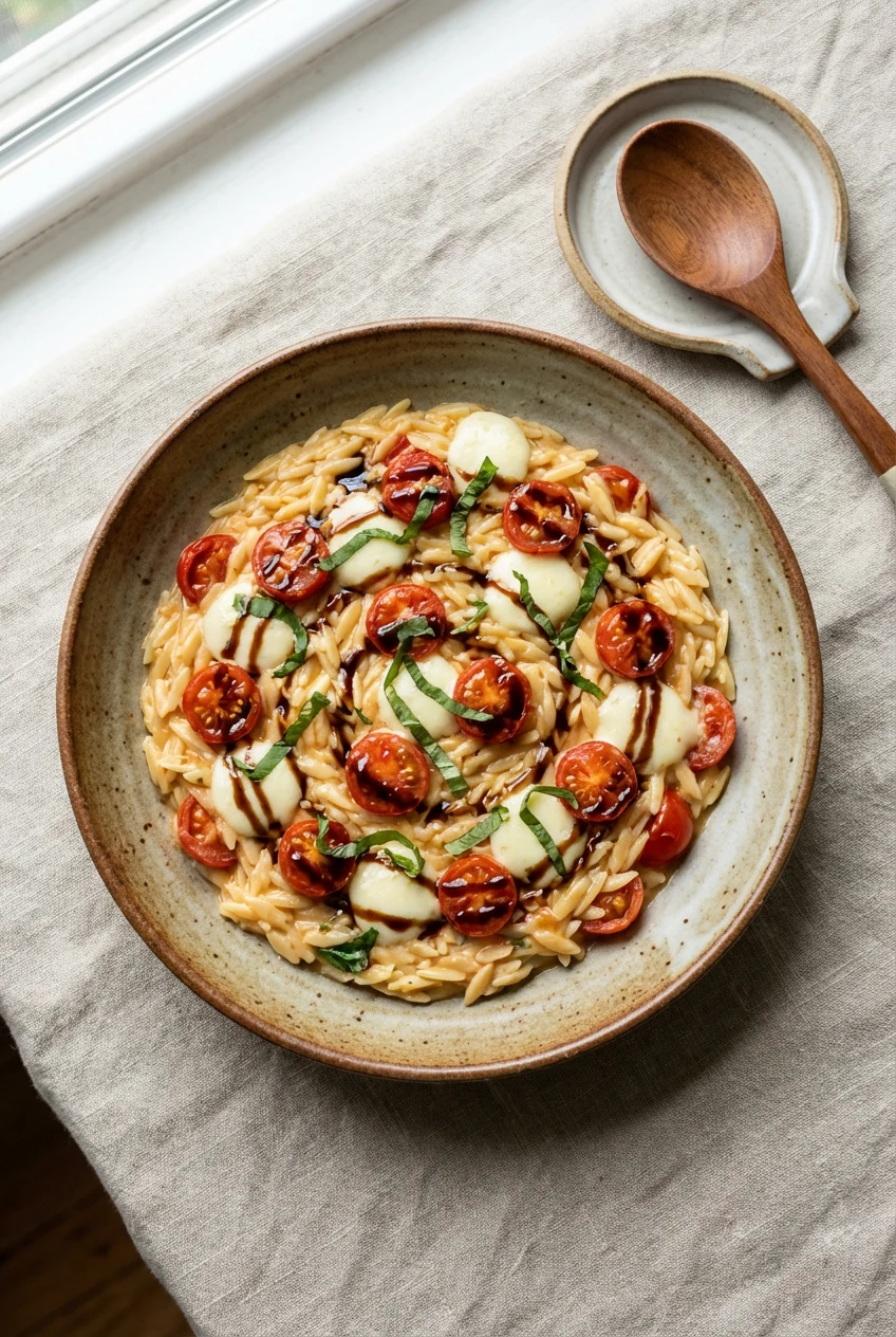 Overhead shot of Tomato Basil Caprese Orzo: creamy orzo topped with halved cherry tomatoes, torn mozzarella pearls melti