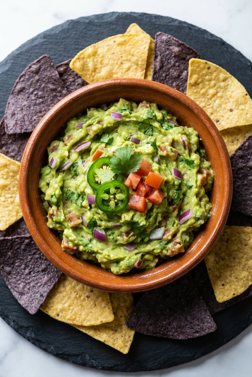 3. Tasty top view: Classic guacamole in a rustic bowl, chunky texture with visible red onion, cilantro, jalapeño, and di