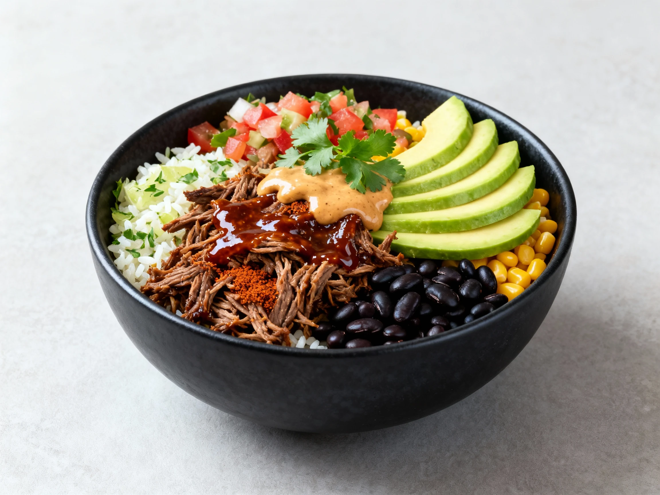 Food photography, Beautifully composed burrito bowl at a 45-degree angle: cilantro-lime rice, black beans, corn, pico de