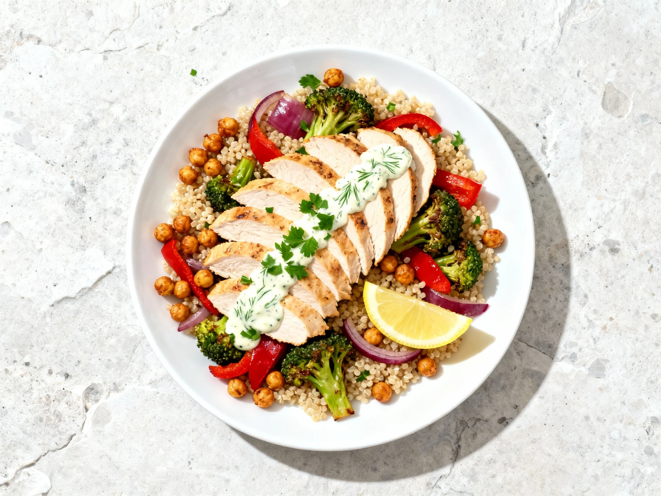 Food photography, Top-down final plate: fanned chicken slices over quinoa, roasted broccoli, red pepper, and red onion; 