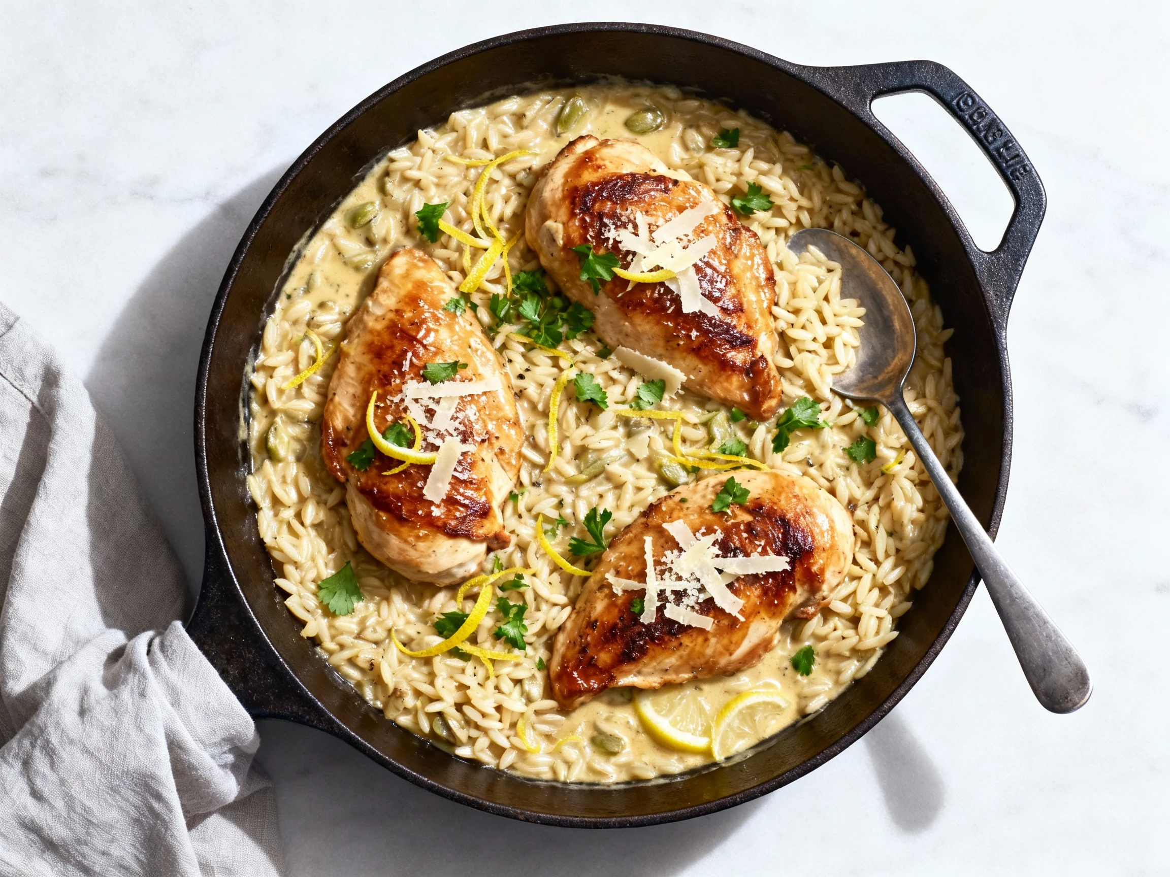 Food photography, Overhead shot of one-pan creamy lemon garlic chicken orzo, seared chicken nestled in glossy sauce, lem