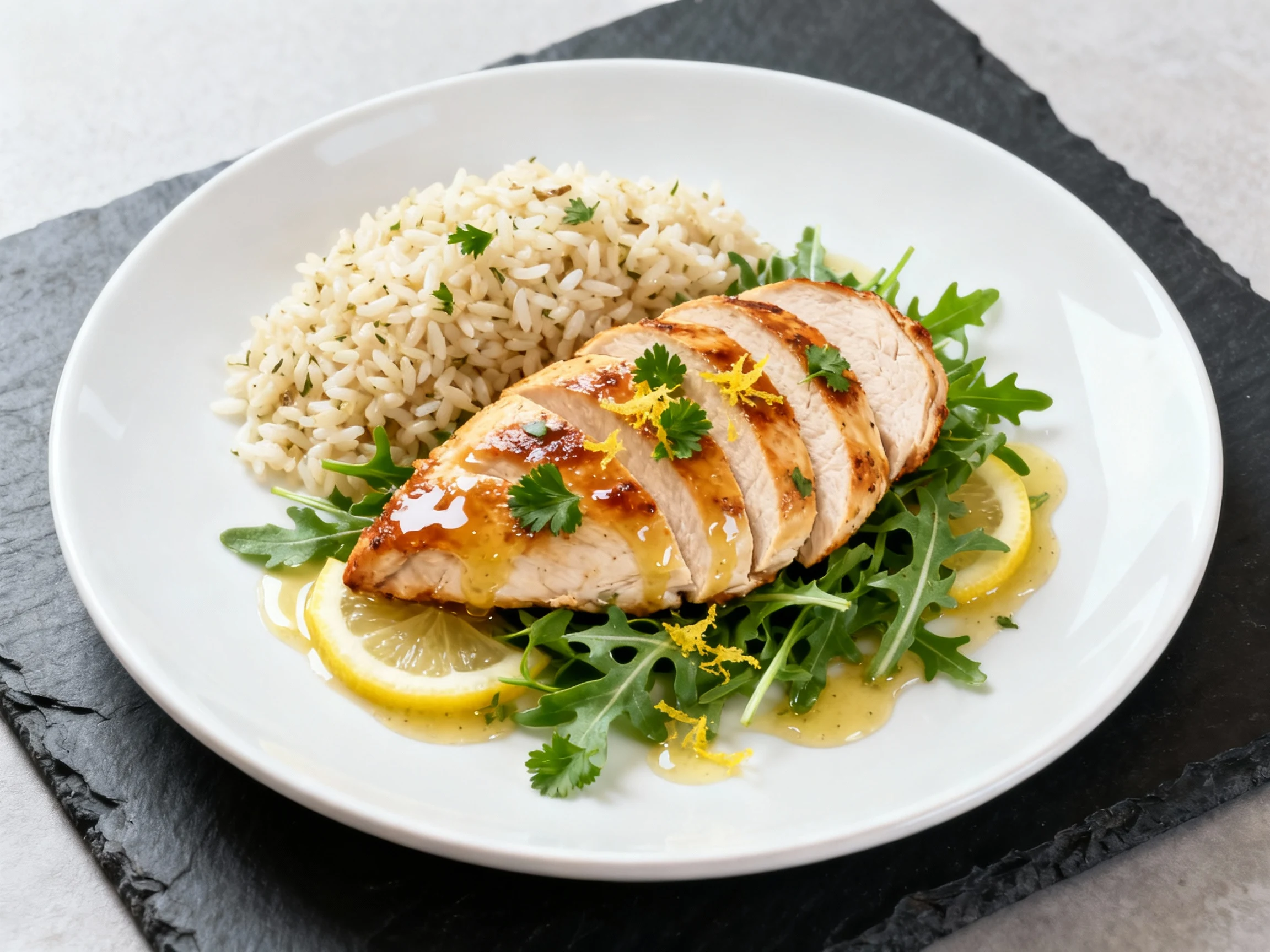 Food photography, Beautifully plated baked chicken breast sliced and fanned over lemony arugula with a side of garlicky 