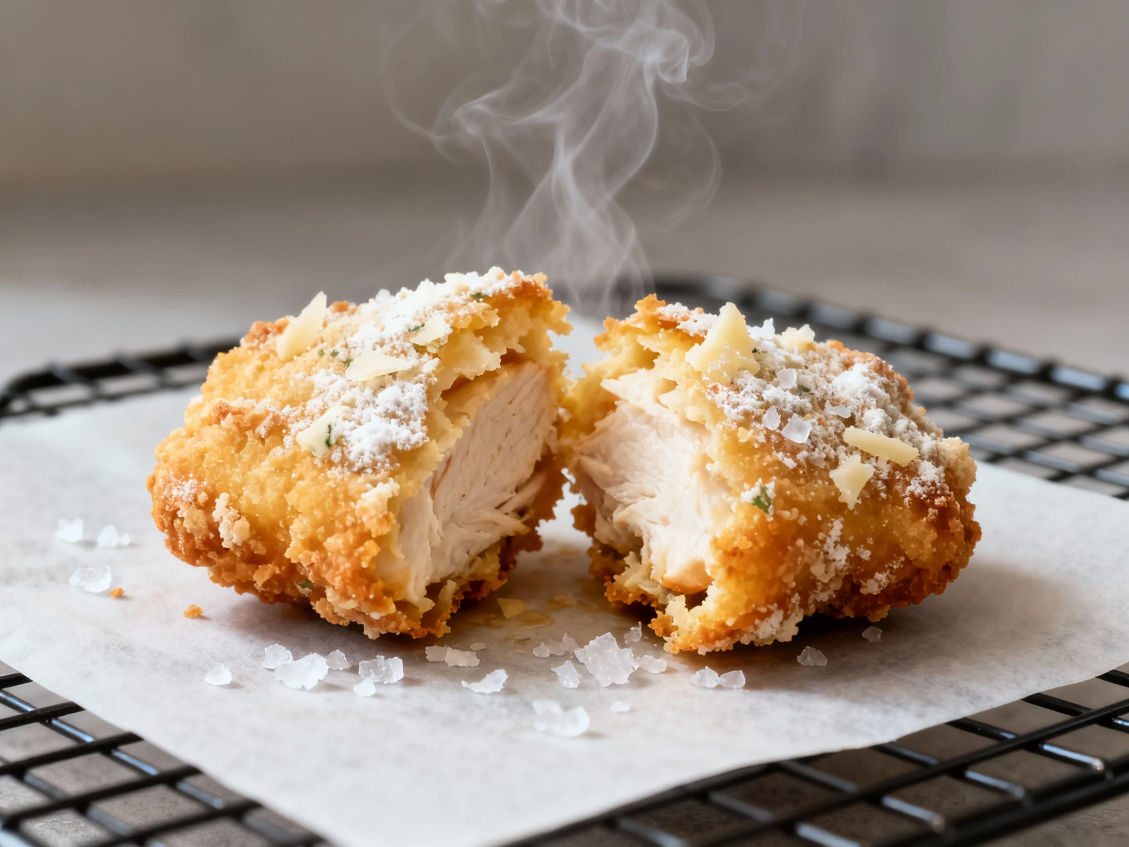 Food photography, 3. Extreme close-up of a broken nugget revealing juicy buttermilk-brined chicken and craggy cornstarch