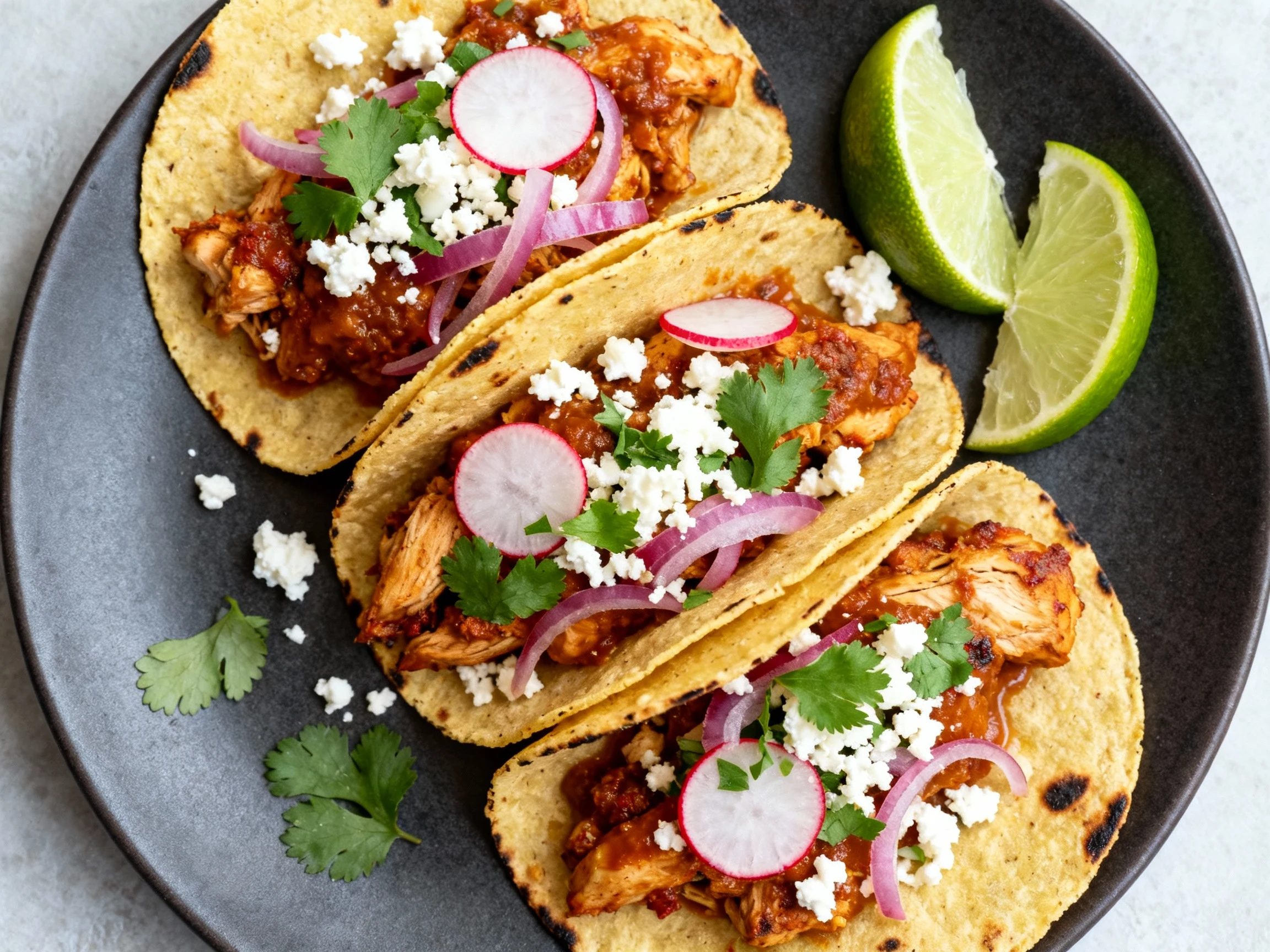 Food photography, Overhead shot of street-style chicken tacos: charred corn tortillas filled with saucy cumin–chili chic
