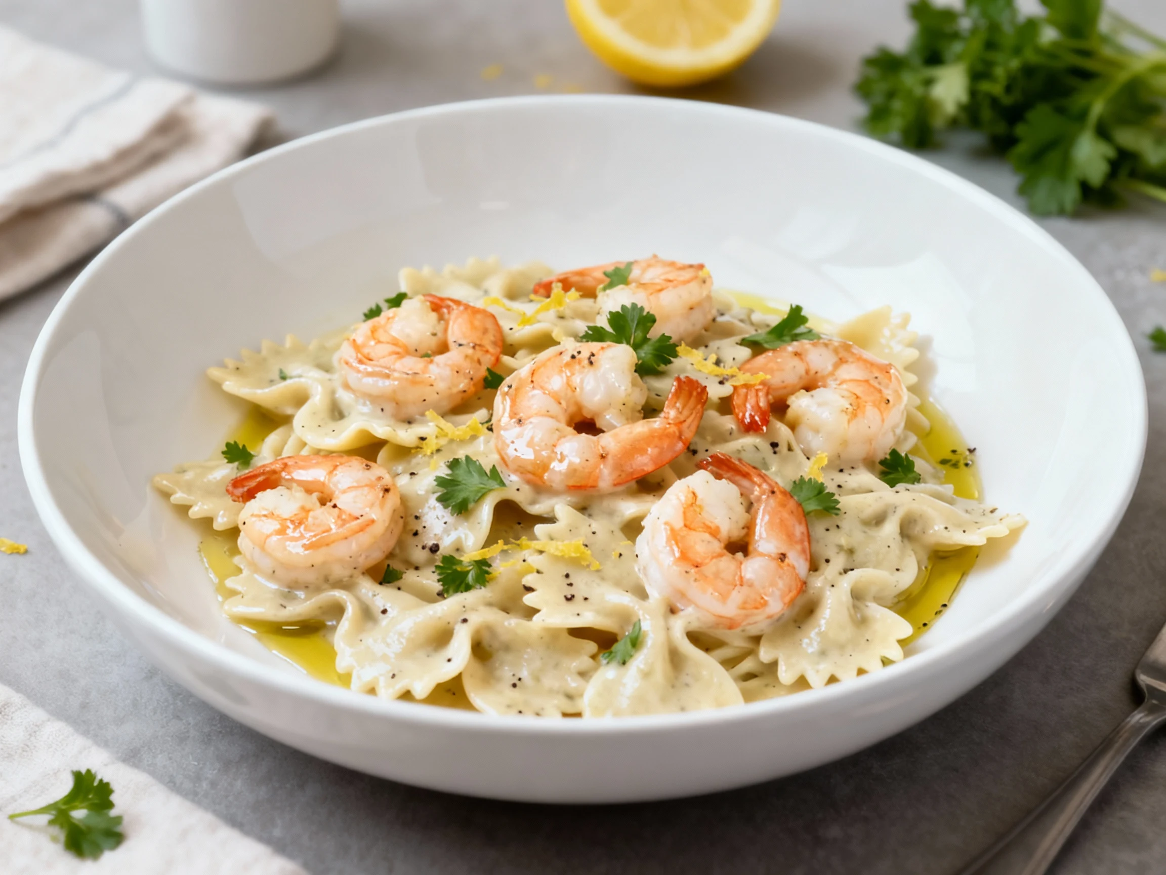 Food photography, Final dish: beautifully plated Lemon Garlic Shrimp Farfalle in a wide white bowl—tender shrimp glisten