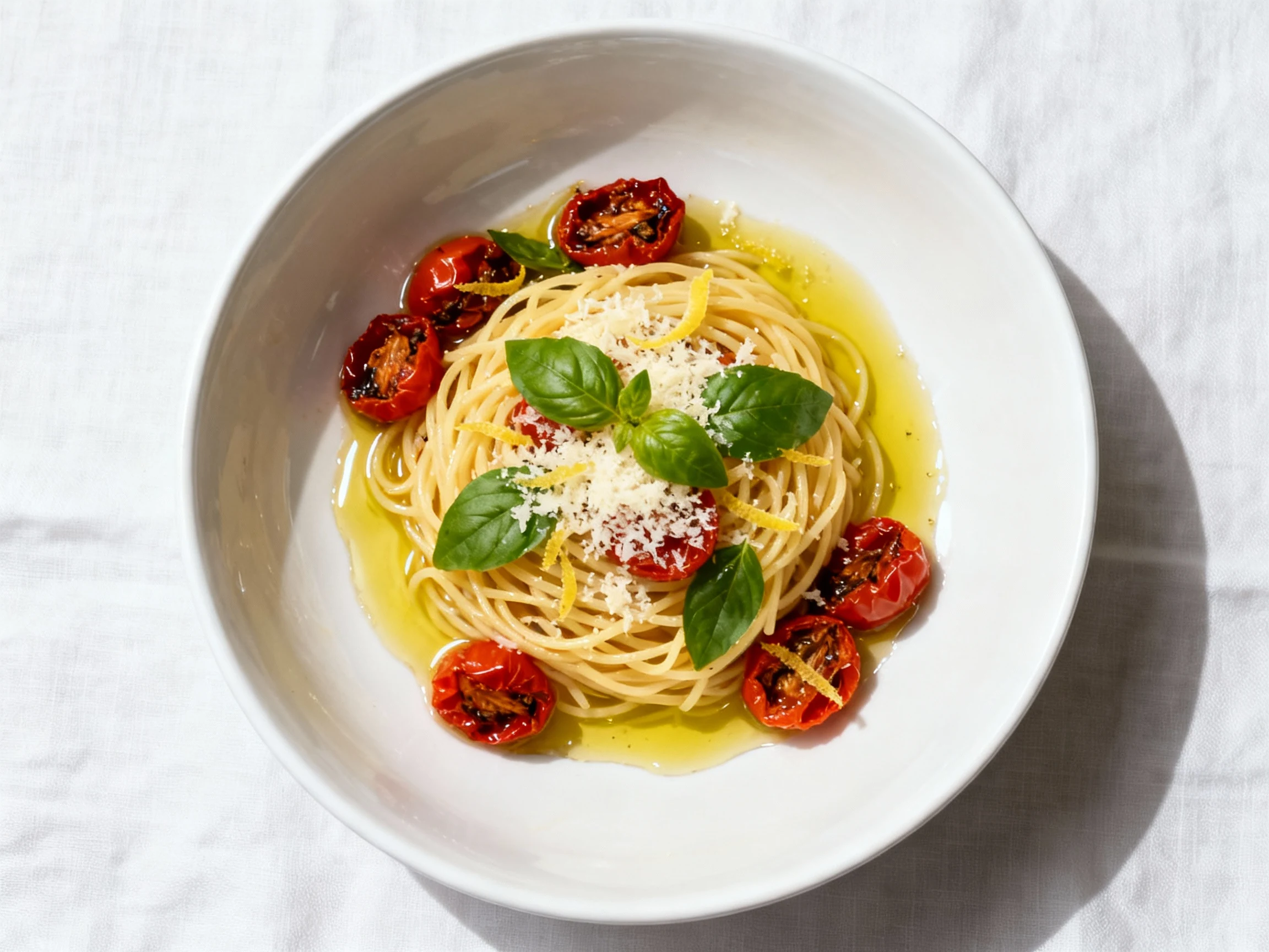 Food photography, Overhead shot of plated angel hair with blistered tomatoes, basil, lemon zest, glossy emulsified sauce