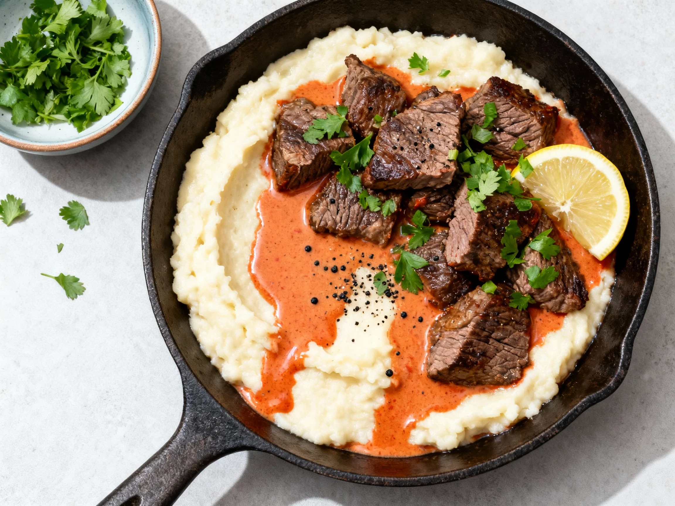 Food photography, Overhead final dish: venison skillet over creamy mashed potatoes, silky paprika-tomato-cream sauce poo