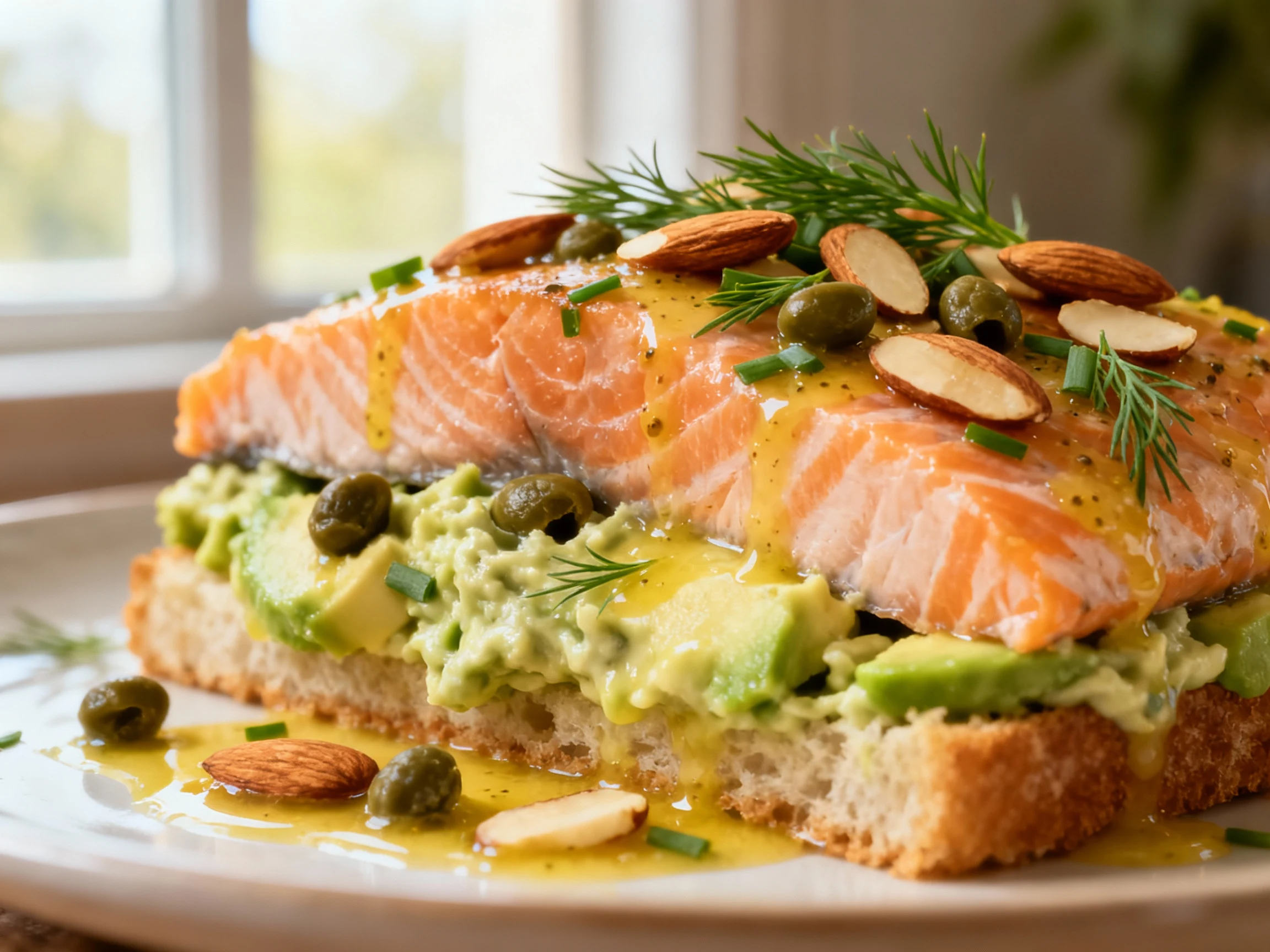 Food photography, 3. Macro close-up of flaky salmon nestled with creamy avocado and toasted almonds, capers and chopped 