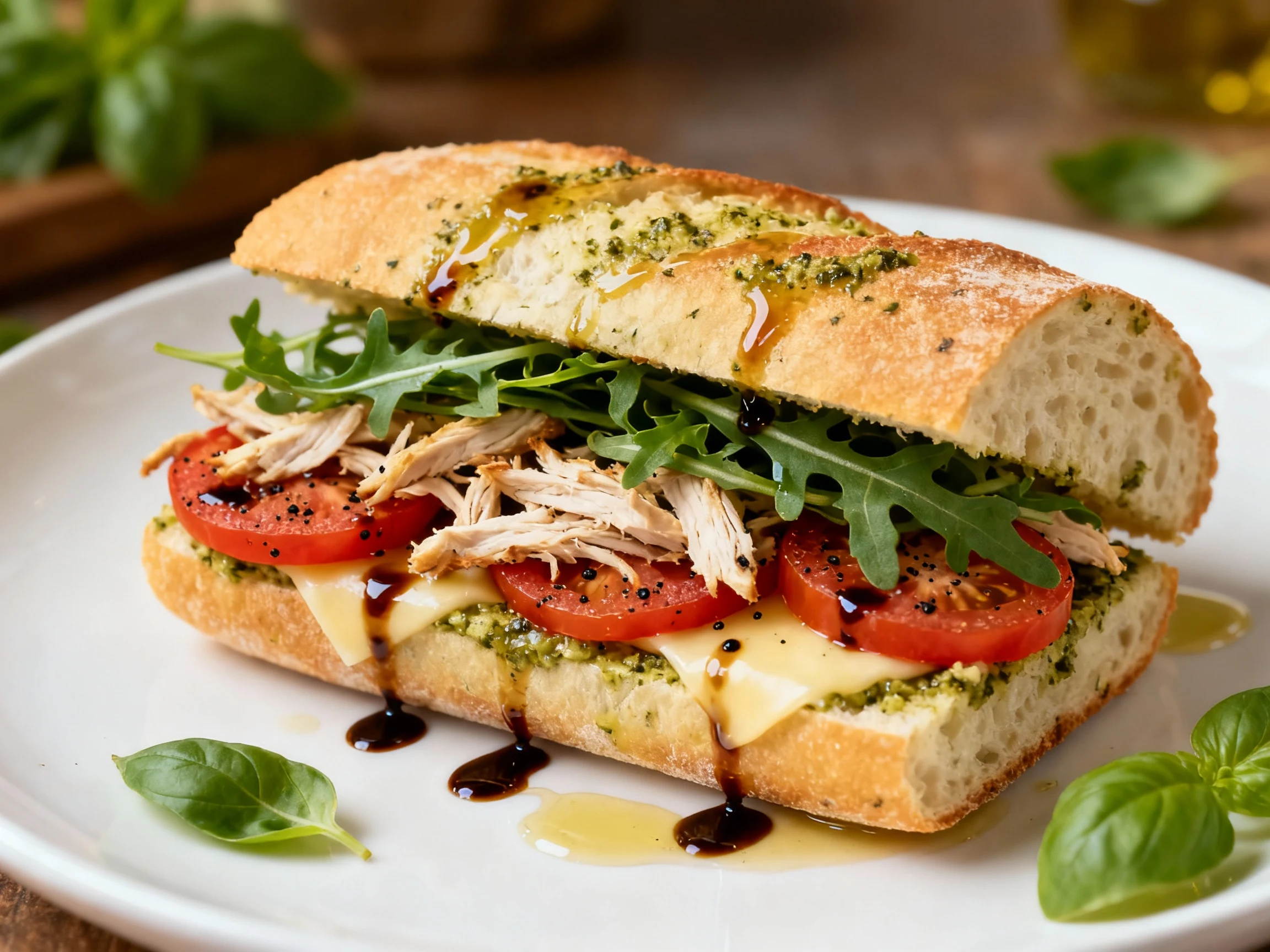 Food photography, Beautifully plated Herby Chicken Pesto ciabatta, halved diagonally to reveal arugula, rotisserie chick