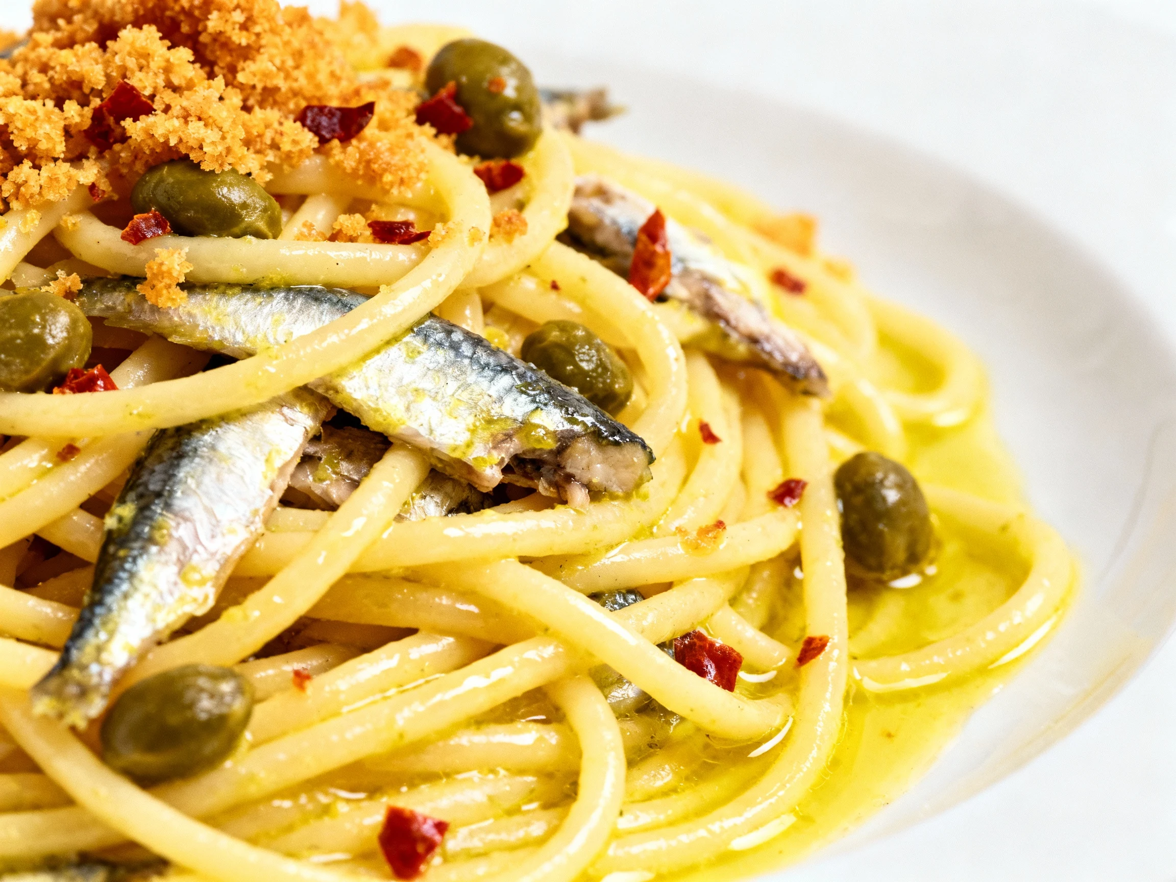 Food photography, 3. Close-up detail of spaghetti coated in bright, lemony sardine sauce—lacquered strands, flaky sardin