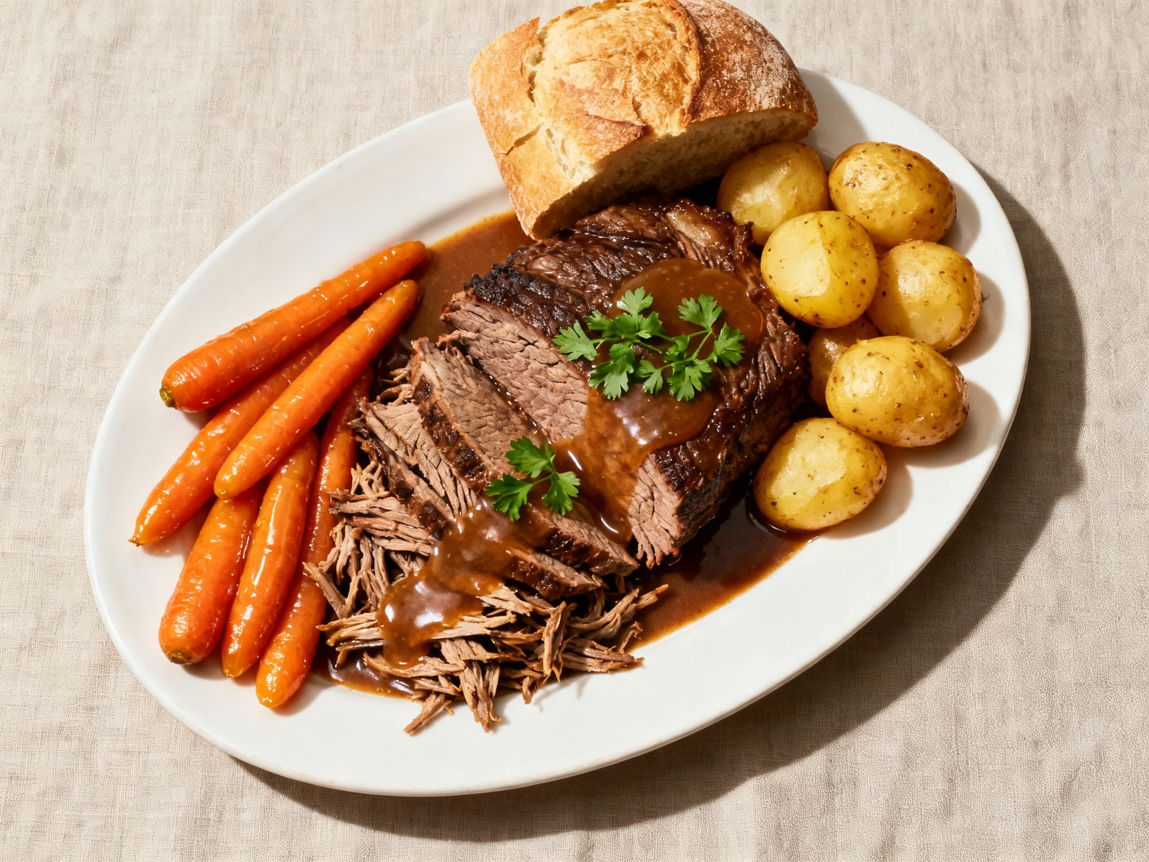 Food photography, Top-down final platter: sliced and pulled pot roast with silky carrots and potatoes, ladled in glossy