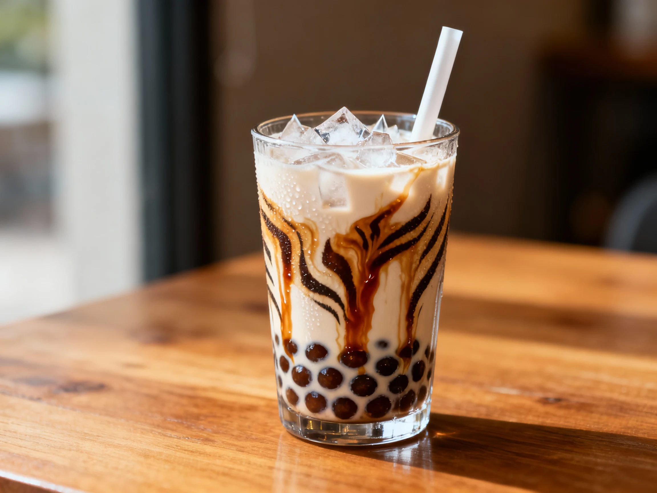 Food photography, Final presentation: Brown Sugar ‘Tiger’ Milk boba in a tall clear glass with dramatic syrup streaks, 1