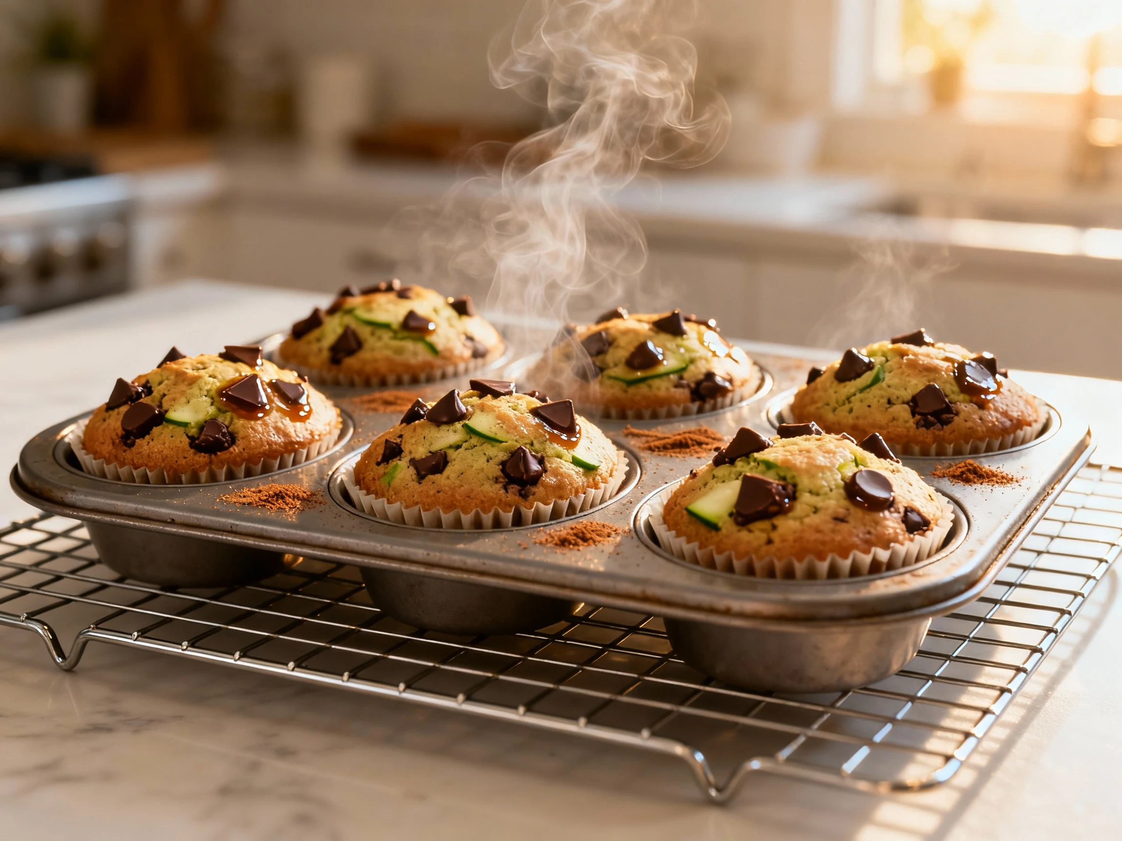 Food photography, 3. Cooking process: muffin tin set on a wire rack with zucchini dark chocolate chip muffins fresh from