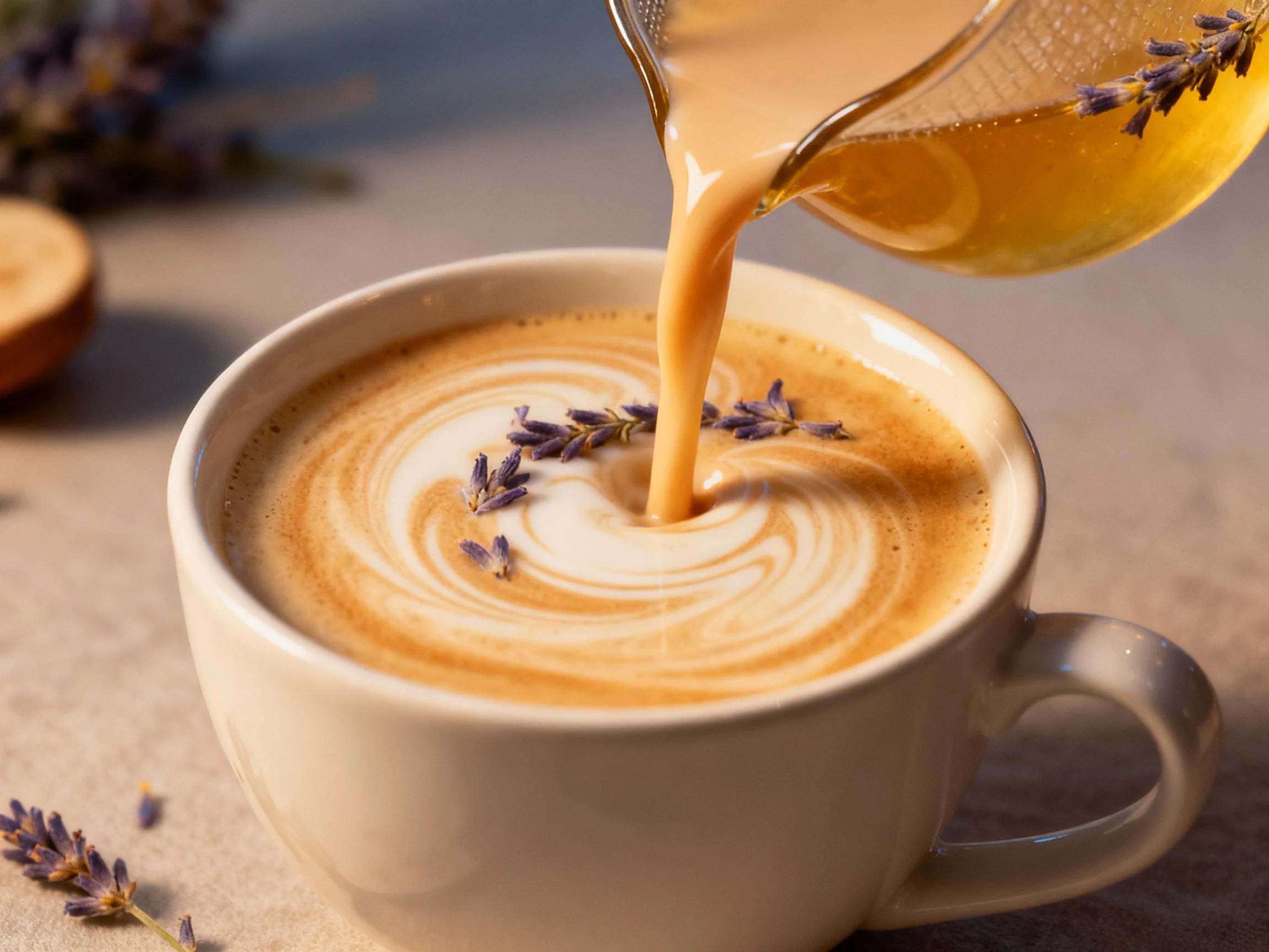 Food photography, Cooking process: Calm the Chaos chamomile–lavender vanilla—strained golden infusion as warm almond mil