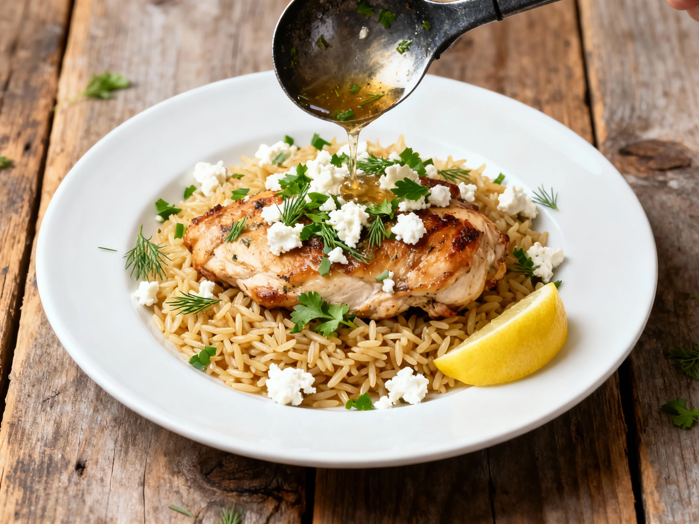 Food photography, Beautifully plated Mediterranean chicken over warm orzo, spooned pan juices; crumbled feta and chopped
