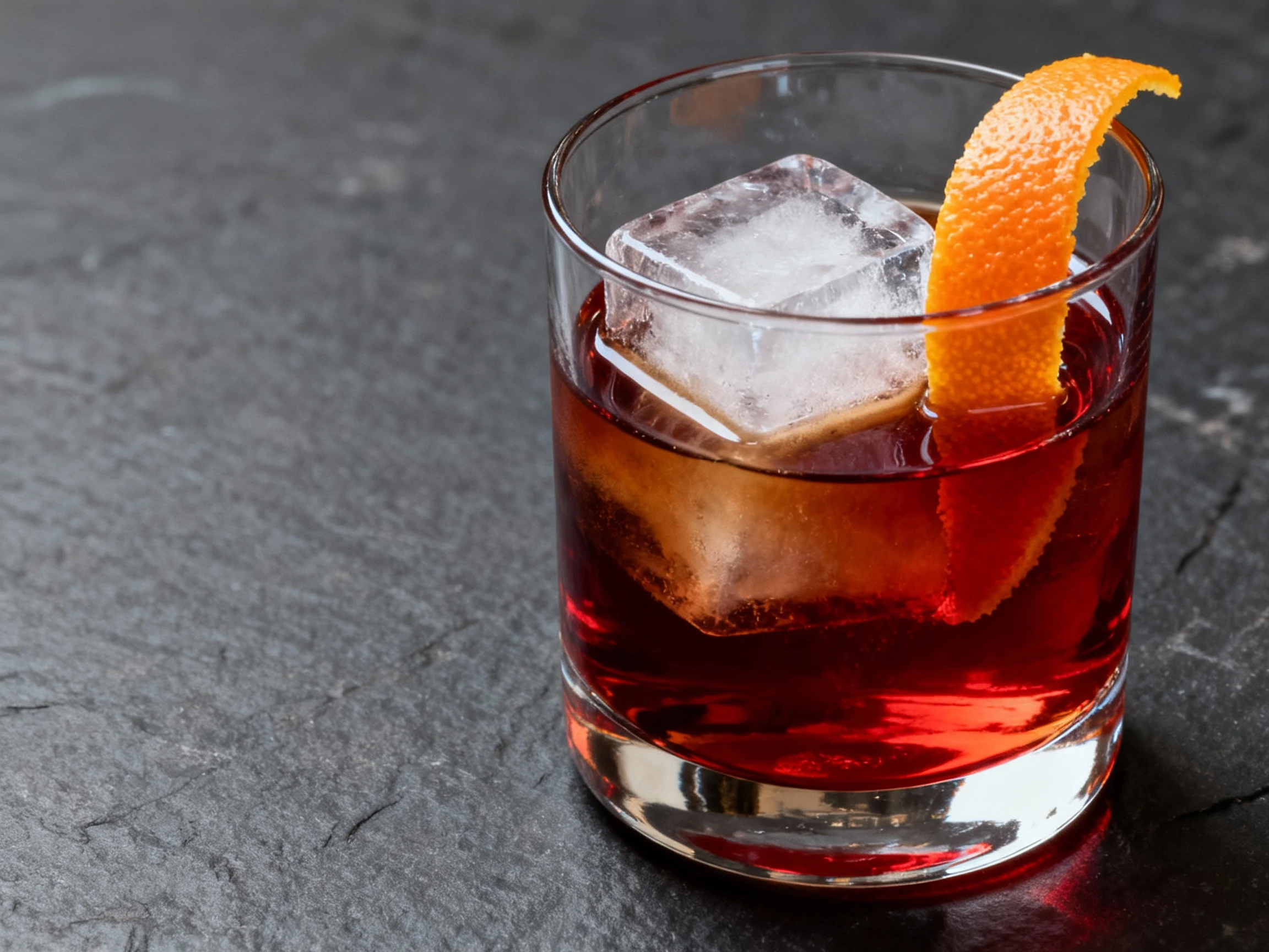 Food photography, Final presentation: Cold Brew Negroni, crystal-clear ruby-red with a subtle coffee tint, stirred to a 