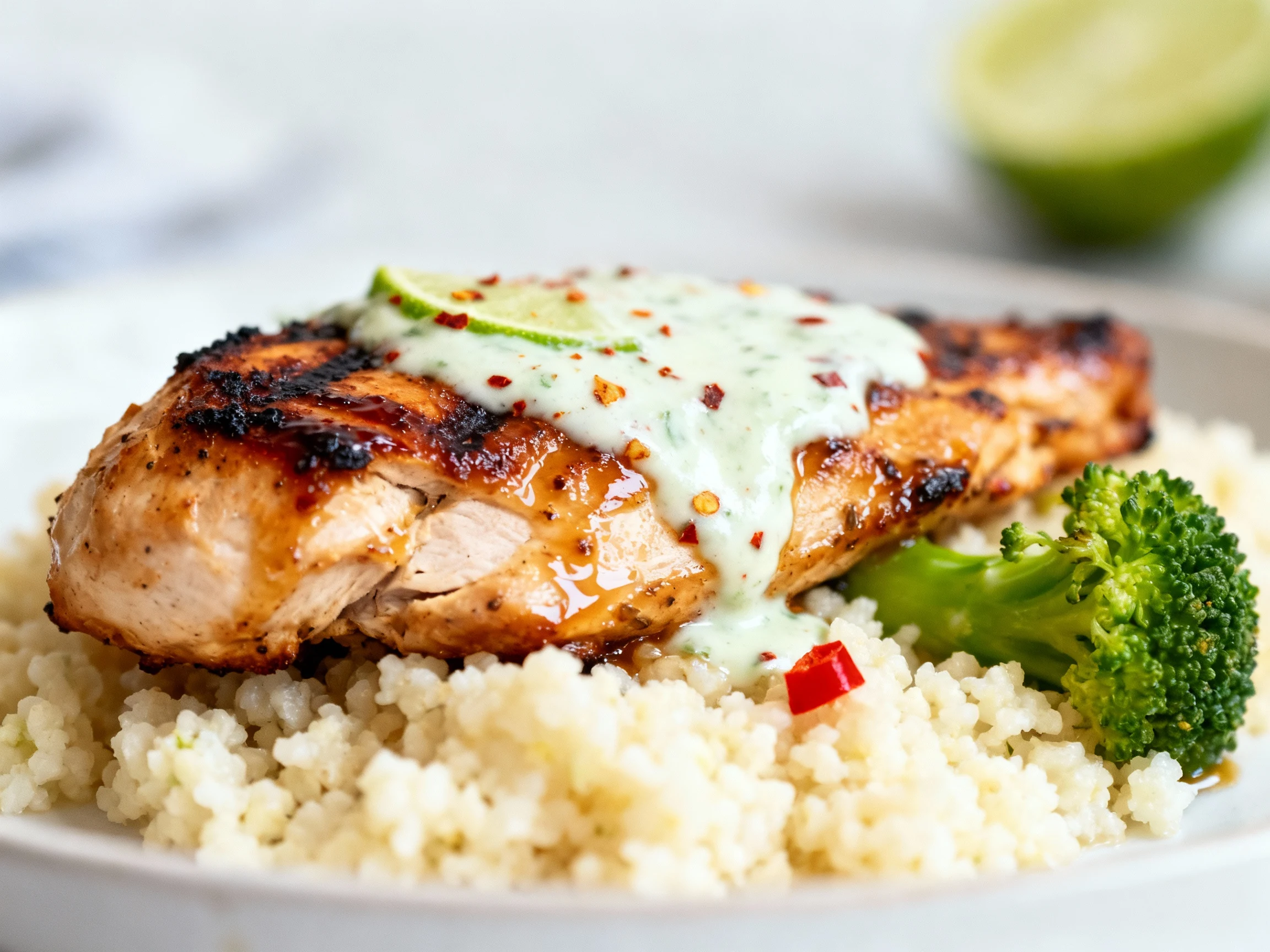 Food photography, 3. Close-up detail: Juicy chili-lime chicken with yogurt-lime glaze and spice flecks, charred edges gl