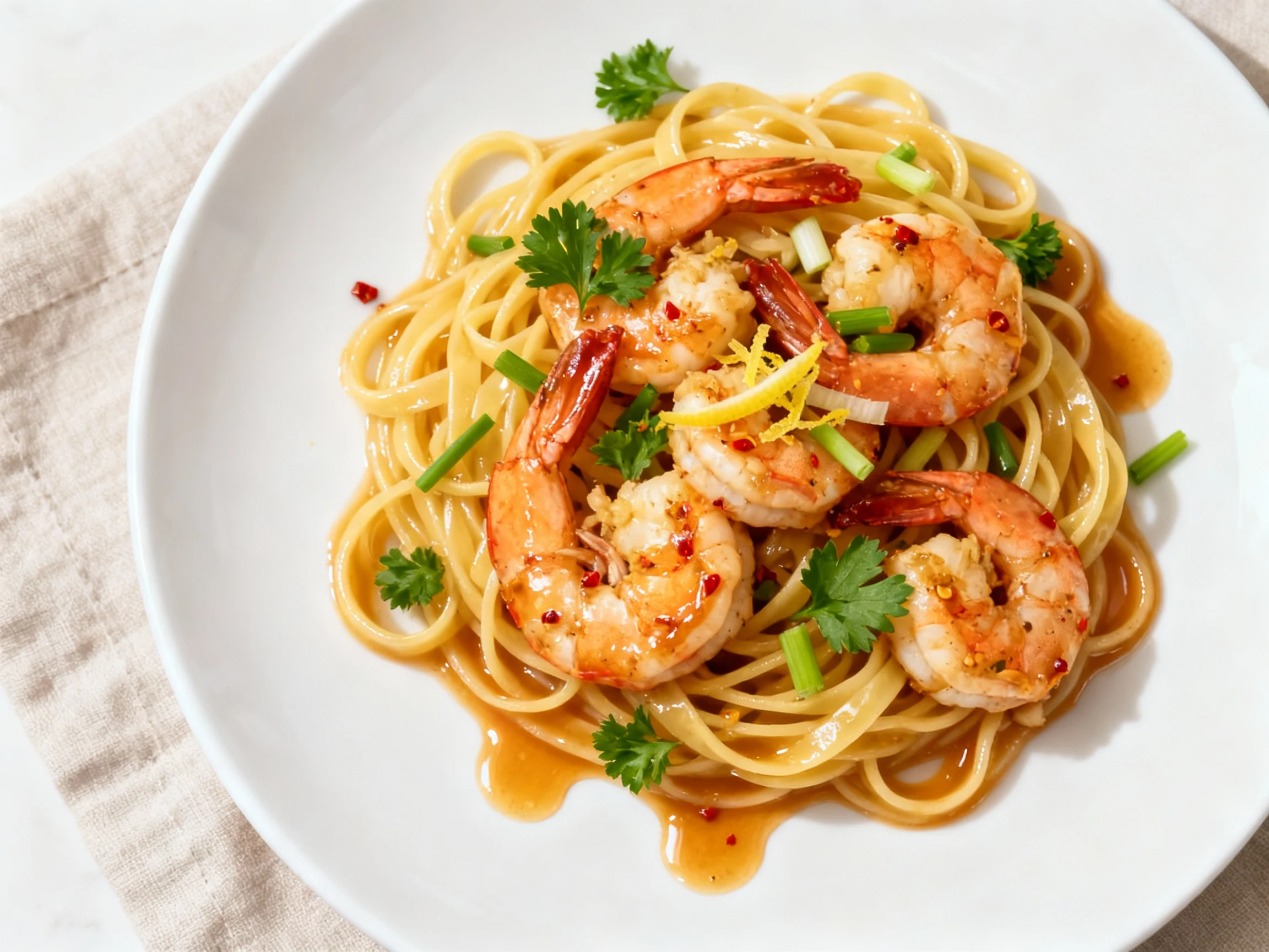 Food photography, Overhead shot: Garlic-chili butter prawns over buttered linguine, noodles glistening with sauce, sprin