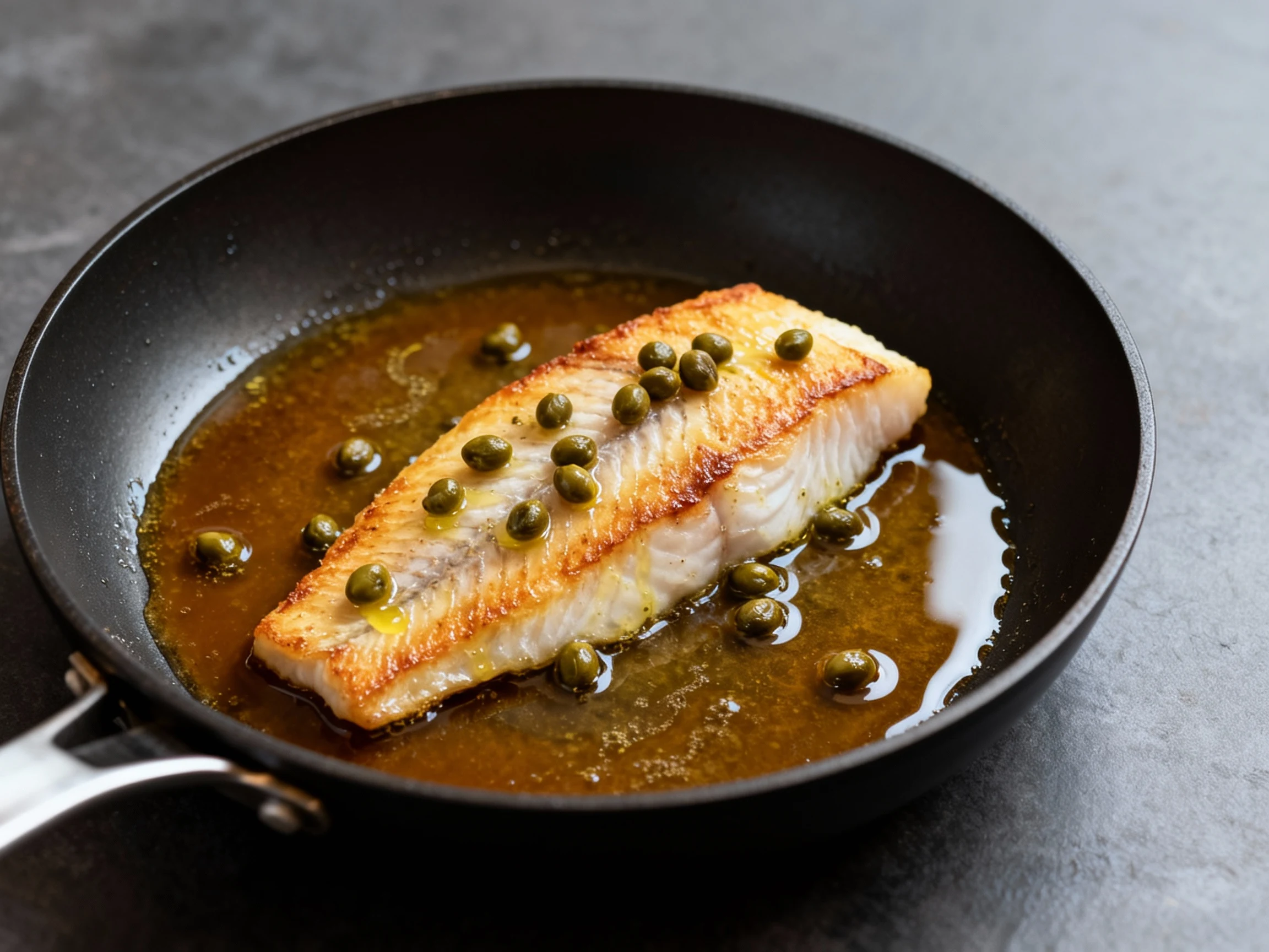 Food photography, In-skillet process shot of Pan-Seared Haddock with Brown-Butter Caper sauce: golden seared fillet bath