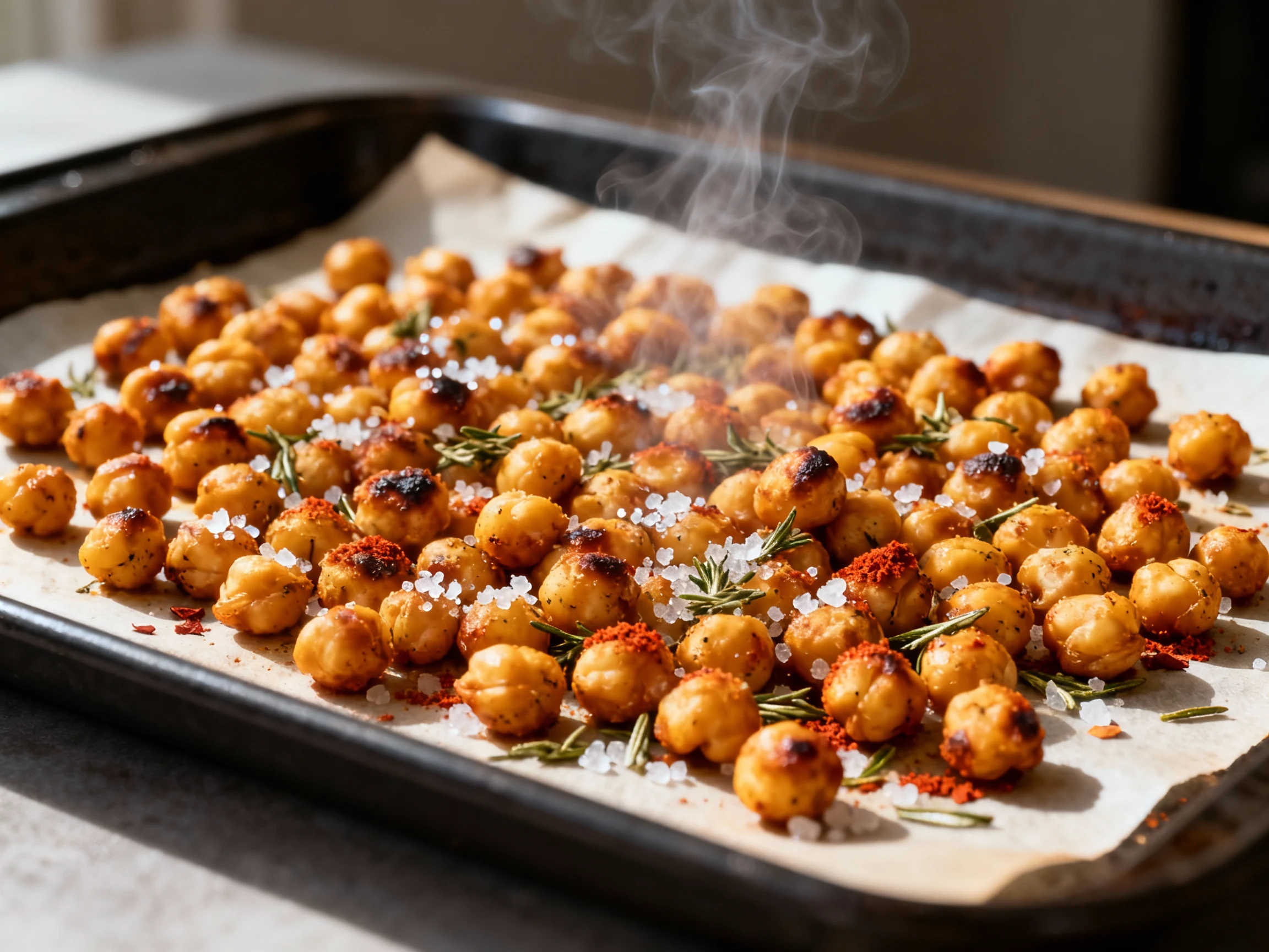 Food photography, Sheet pan of crisp roasted chickpeas (crunch booster) just out of the oven, golden and blistered with 