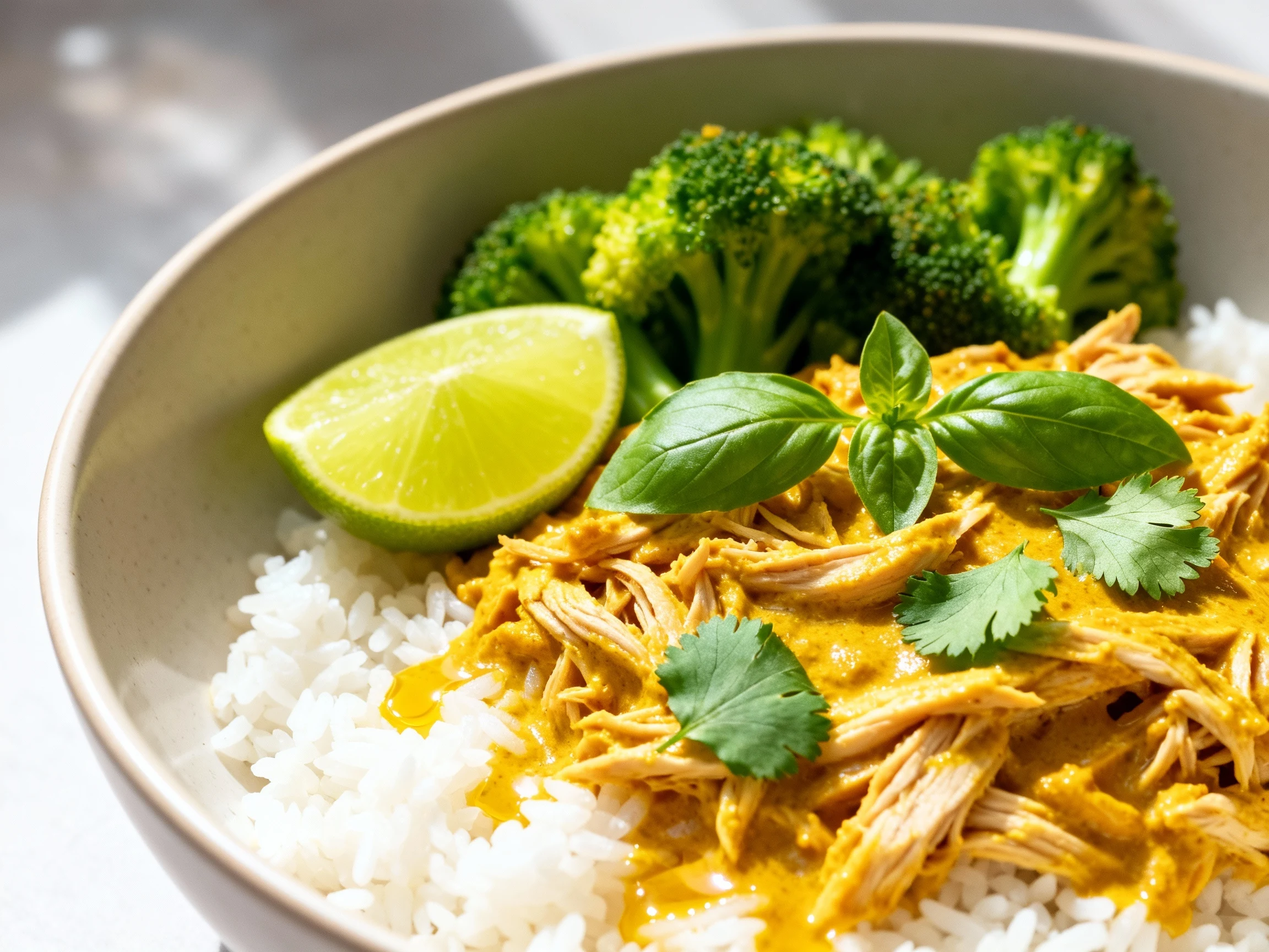 Food photography, Coconut Curry Chicken comfort bowl — three-quarter angle of shredded chicken in creamy coconut-curry s