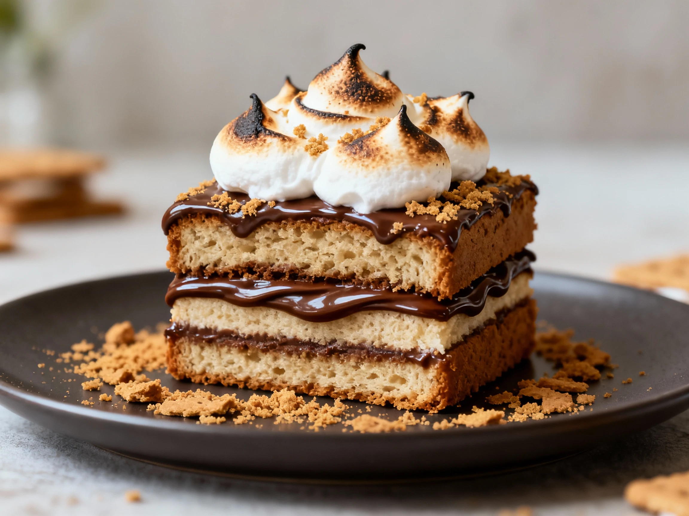 Food photography, Final dish variation: S’mores Stack loaf-pan slice with glossy ganache ribbons between layers and a to
