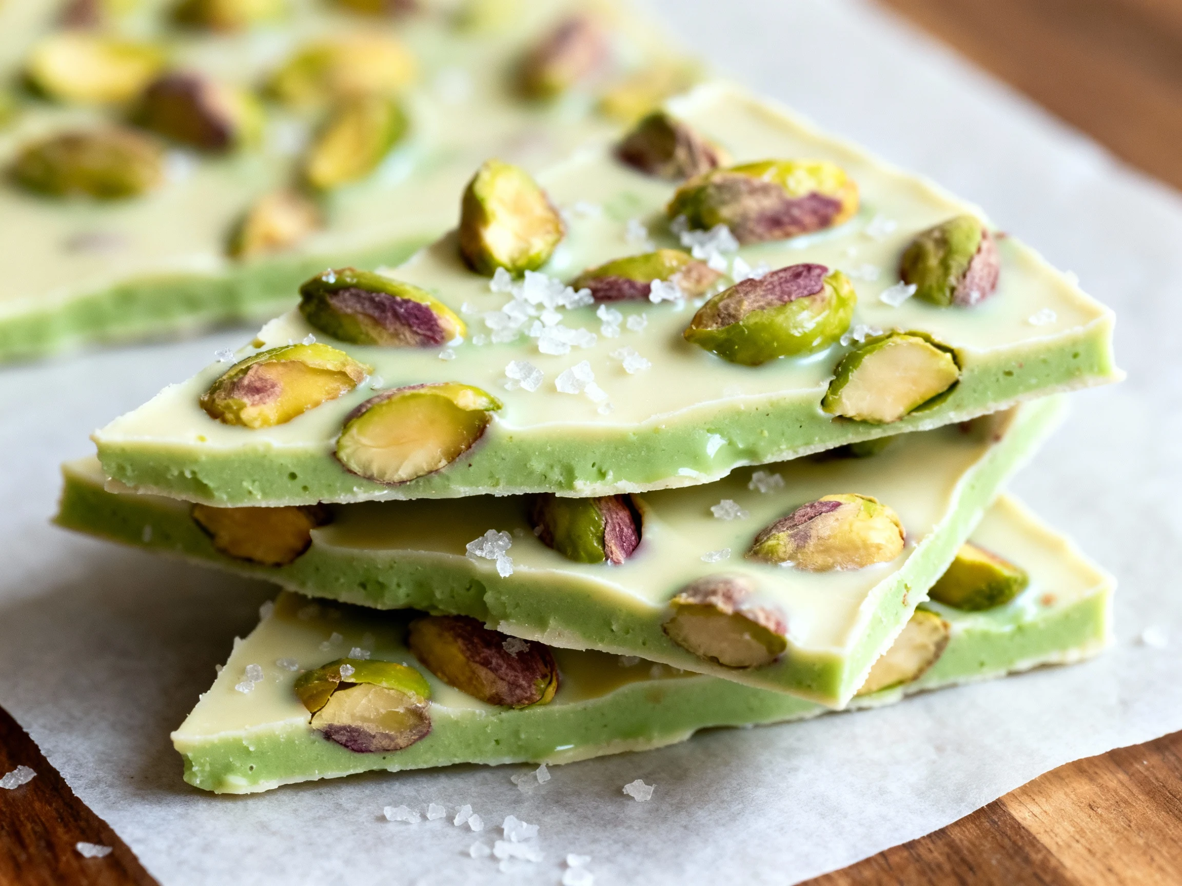 Food photography, 4. Beautifully plated Pistachio Matcha White Chocolate Bark—stacked shards on parchment, glossy green-