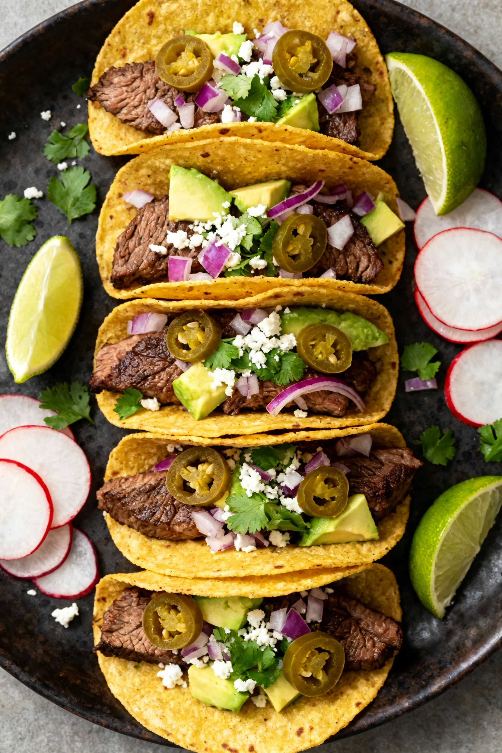 Food photography, Overhead final presentation: street-style steak tacos on a dark platter—warm corn tortillas filled wit
