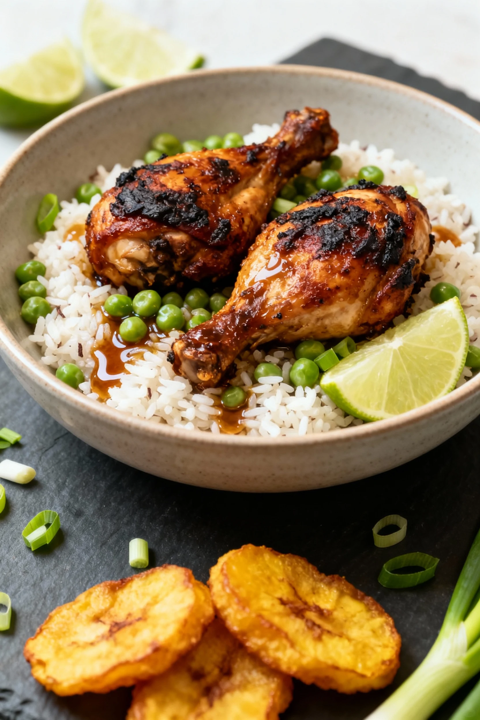 Food photography, Beautifully plated jerk chicken with coconut rice and peas: two thighs with crispy-charred skin atop f