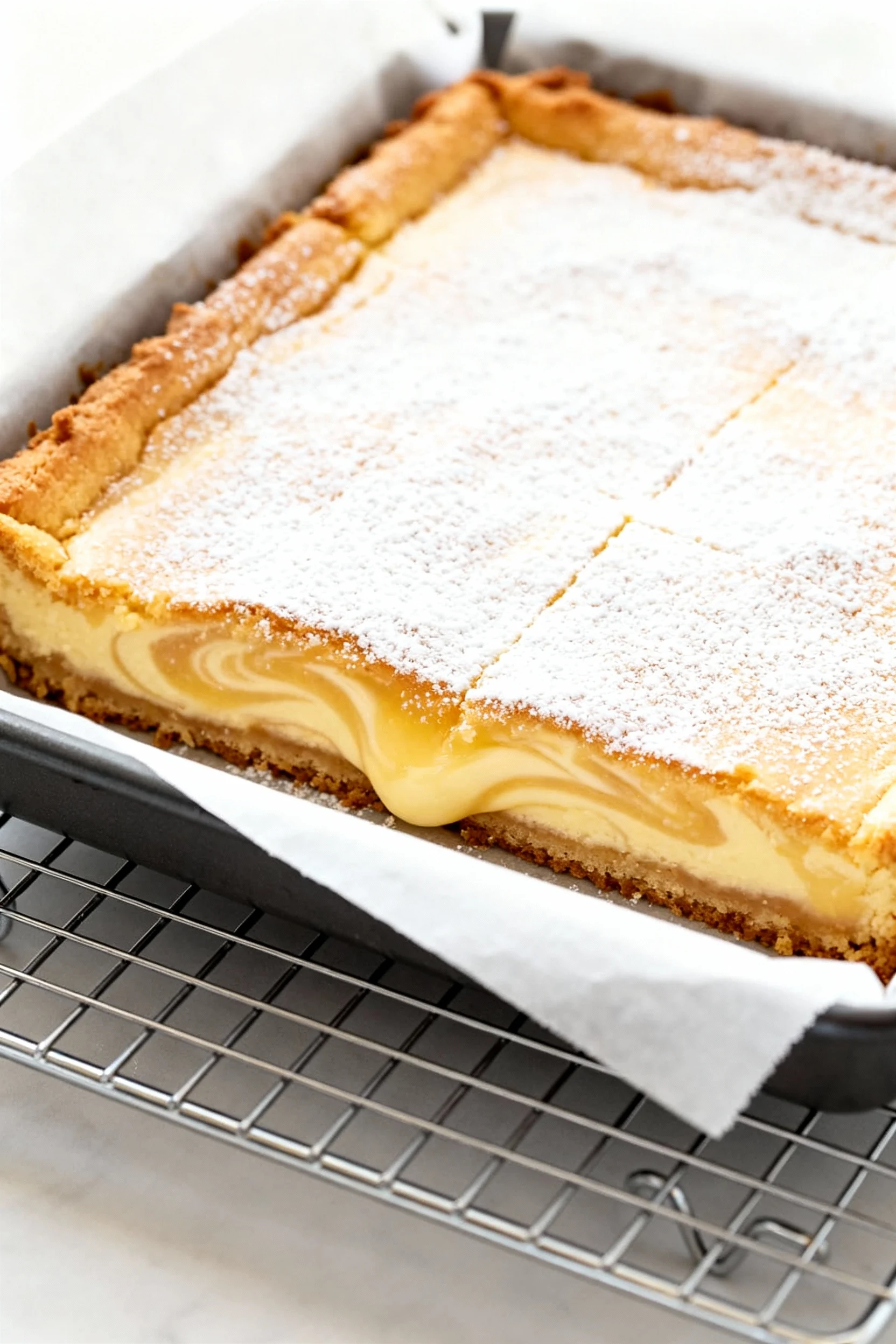 Food photography, Gooey butter bars cooling in a 9x9 pan, close-up of set, golden edges and a lightly jiggly center, cre