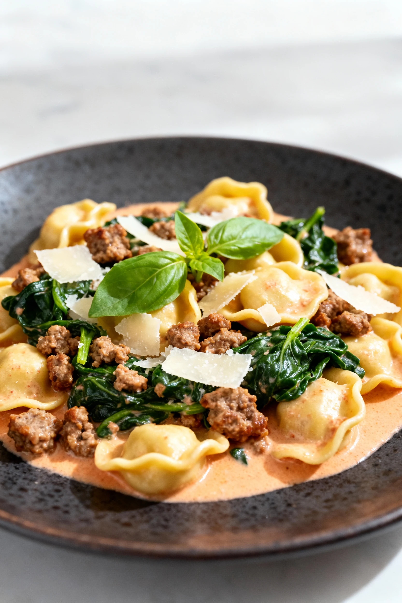 Food photography, 45-degree hero shot of the Sausage Supreme variation: tortellini in blush tomato-cream with browned It