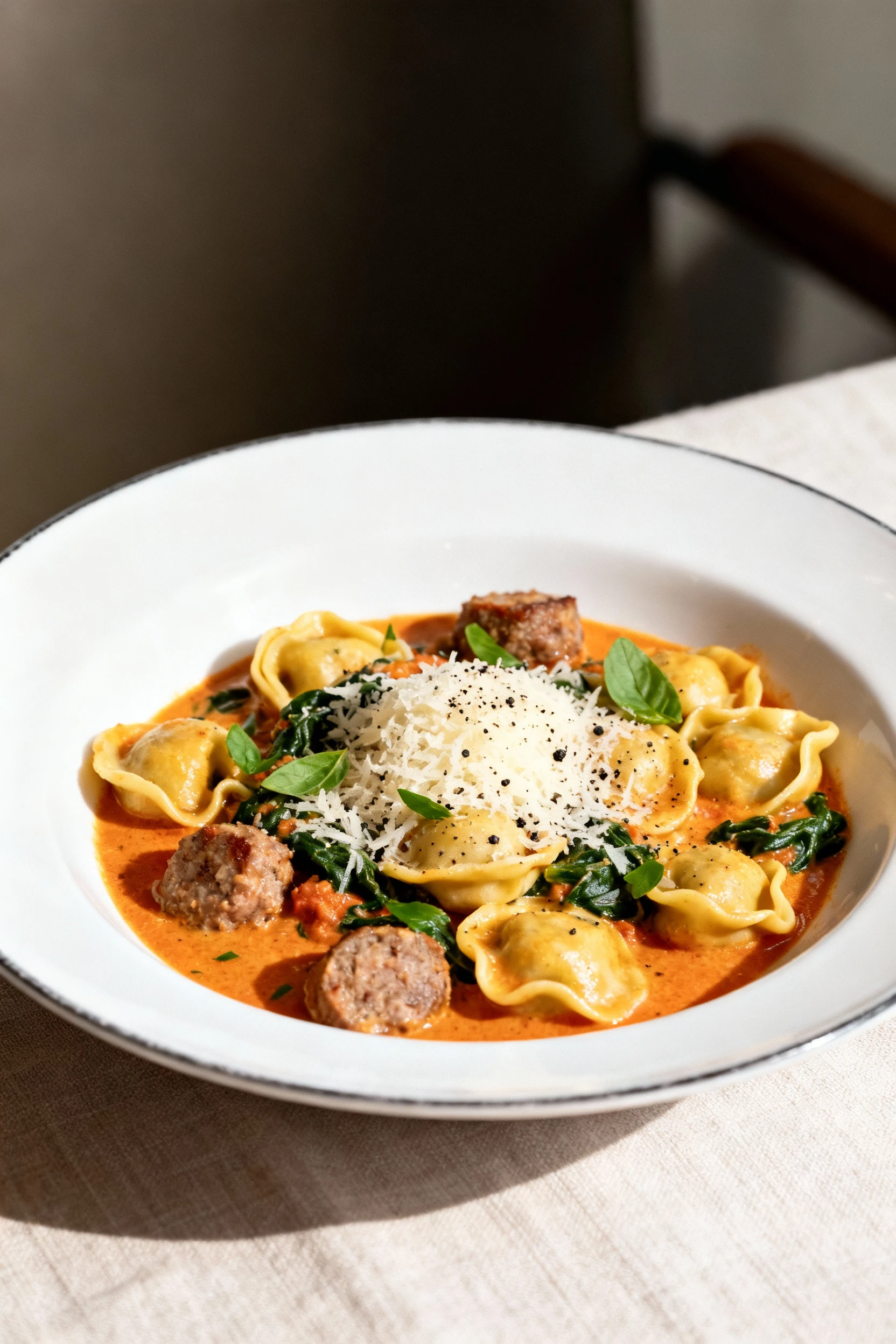 Food photography, 4. Final plated bowl: sausage spinach tortellini in velvety tomato-cream sauce, topped with freshly gr