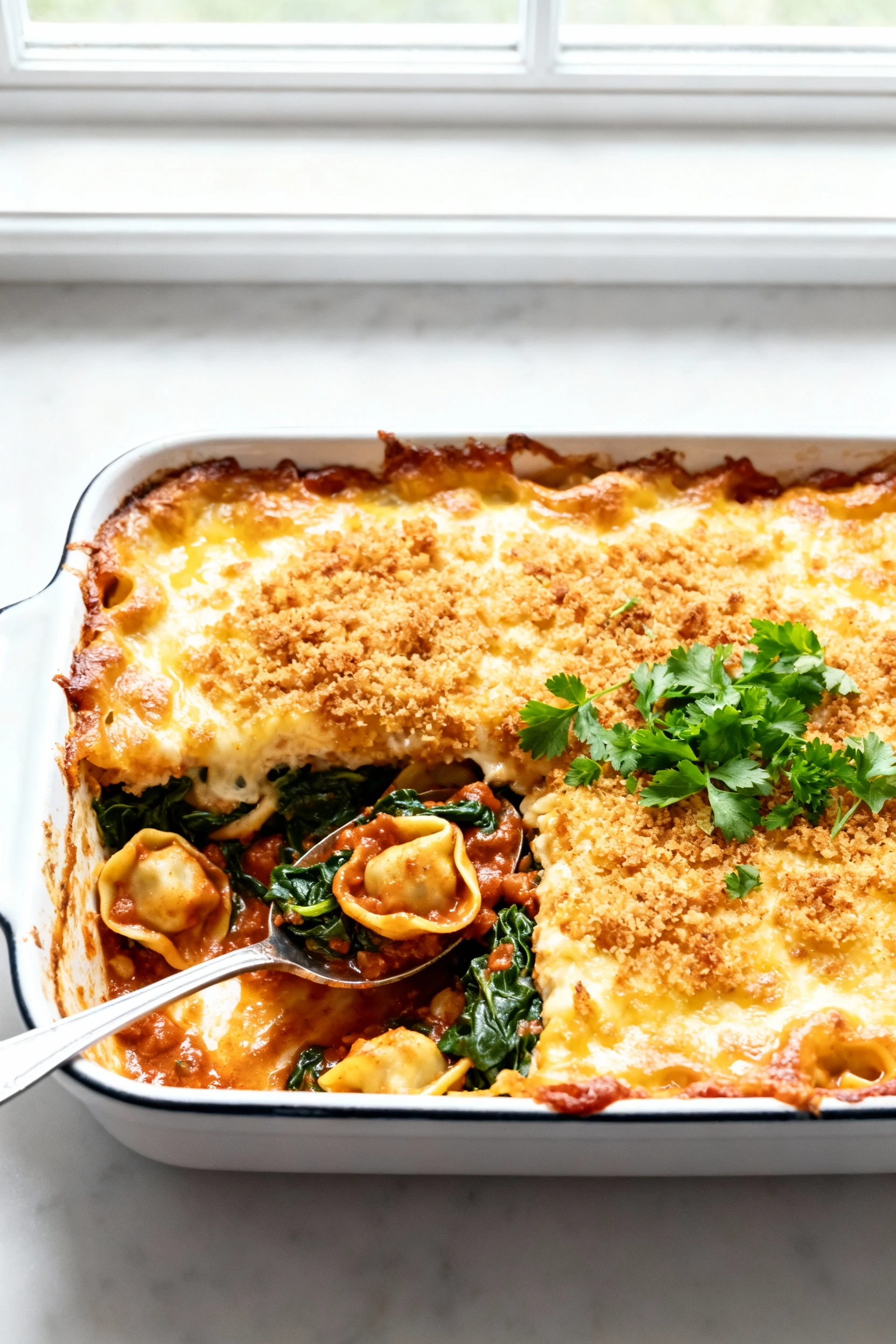 Food photography, Top-down of the finished 9x13 casserole: deeply golden cheese, bubbling edges, crisp breadcrumb toppin
