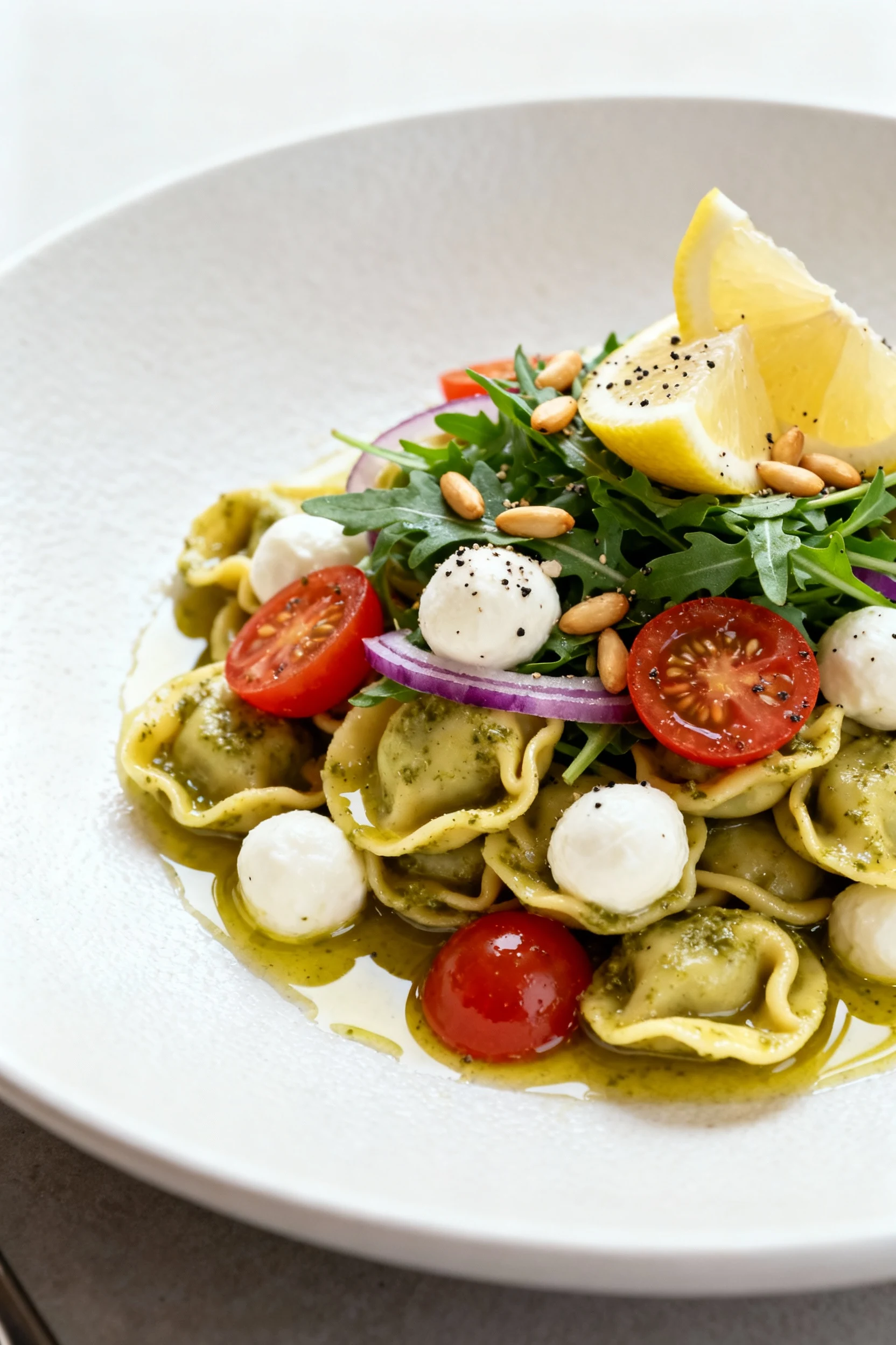 Food photography, Final dish: Restaurant-quality plating of a single-serving pesto tortellini salad on a matte white pla