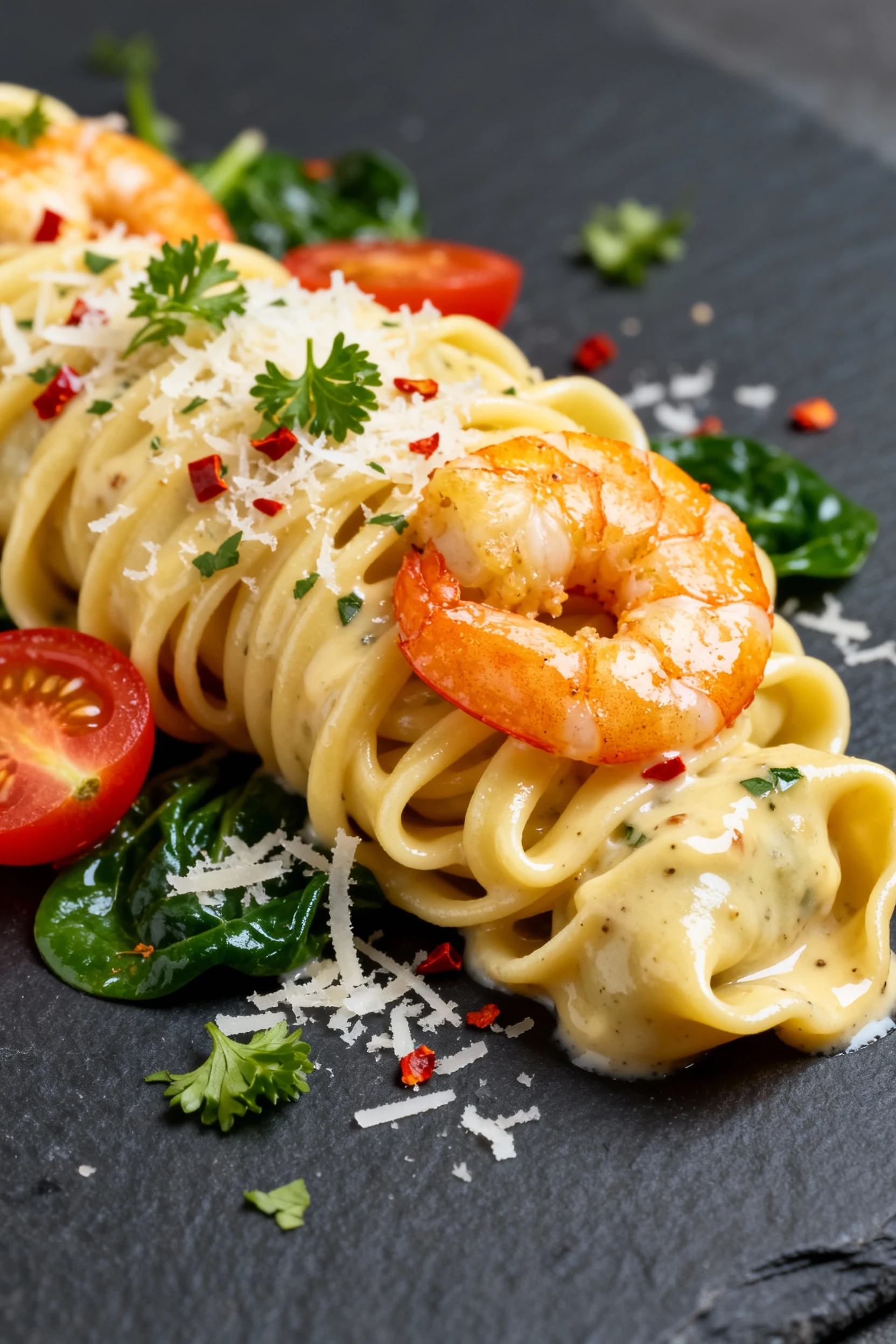 Food photography, Close-up detail of tortellini twirled with a golden shrimp, coated in silky garlic-butter sauce; micro