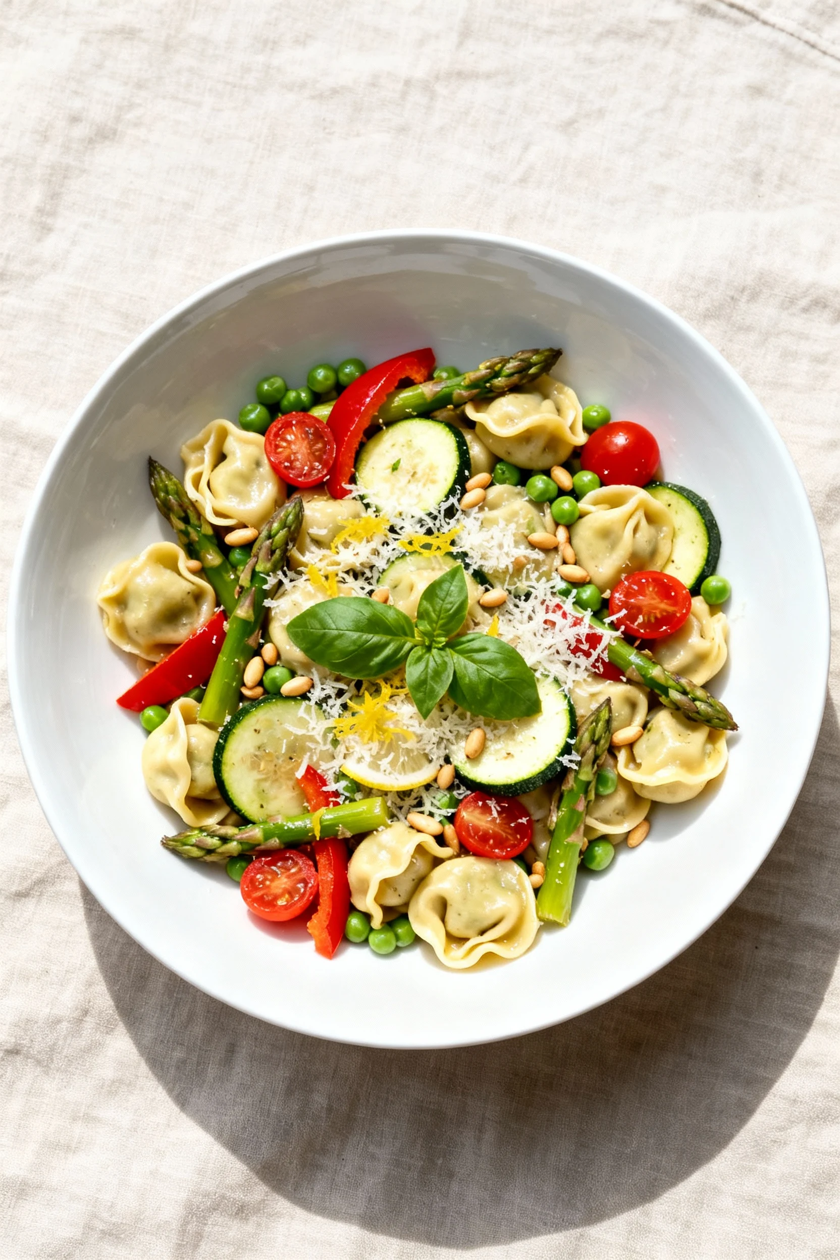 Food photography, Tasty top view — Vegetarian Tortellini Primavera plated in a wide white bowl, evenly distributed torte