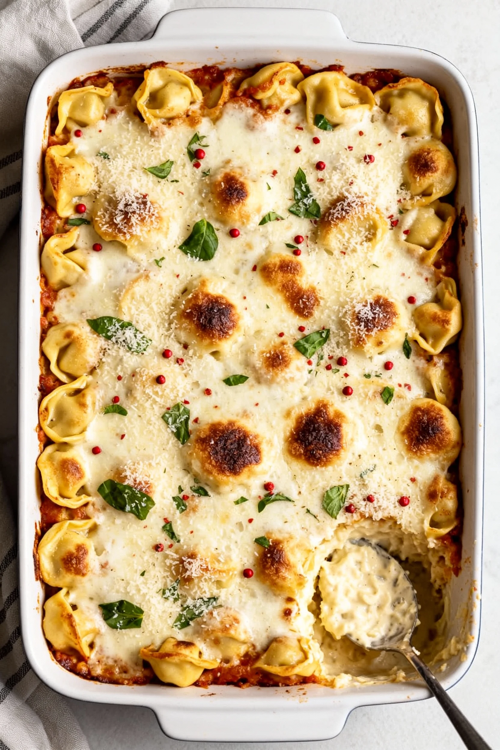 Food photography, Overhead shot of the 9x13 tortellini bake with a corner scooped out to reveal creamy interior; evenly 