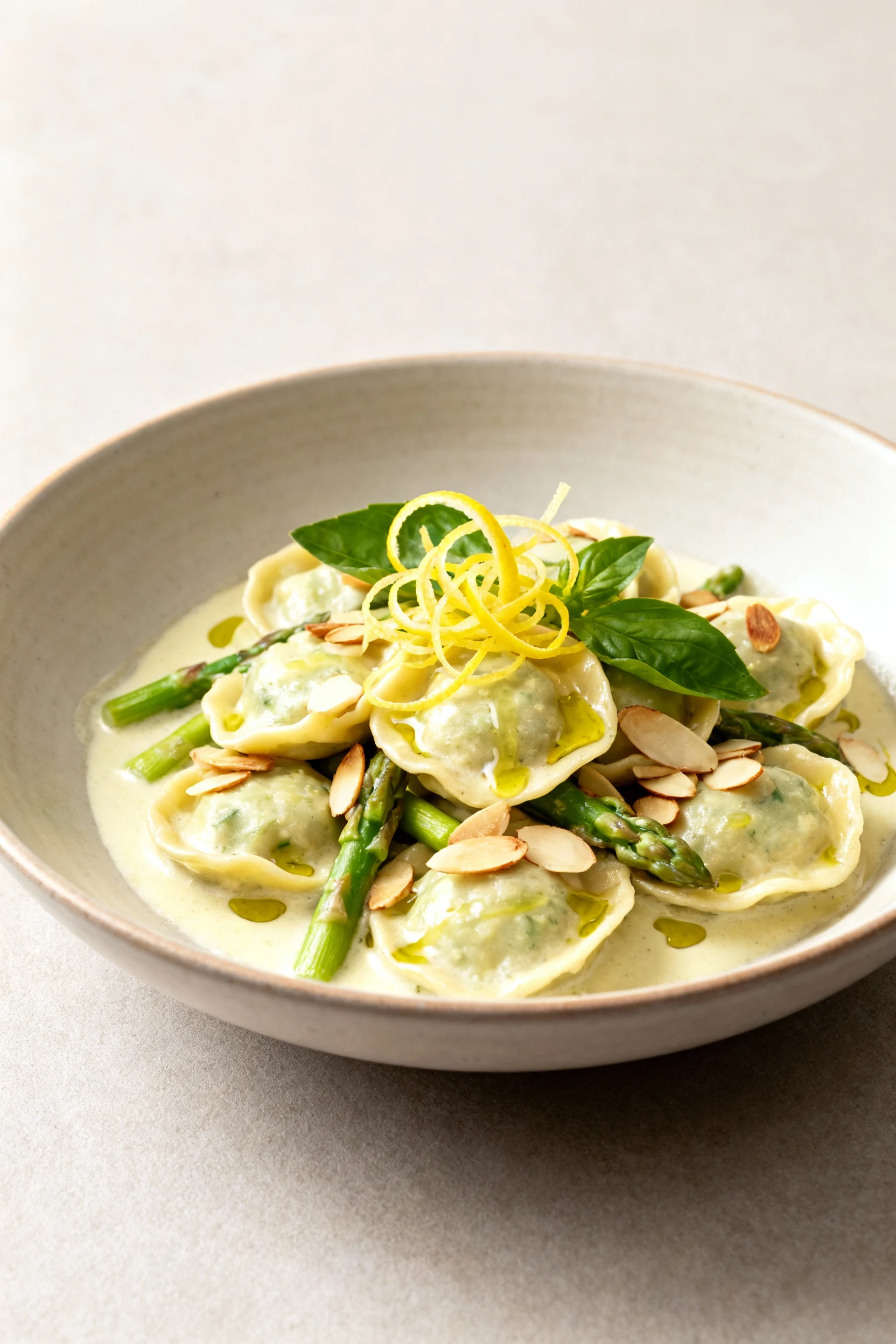 Food photography, Final plated dish, 45° hero: Healthy Lemon Asparagus Tortellini mounded in a shallow ceramic bowl with