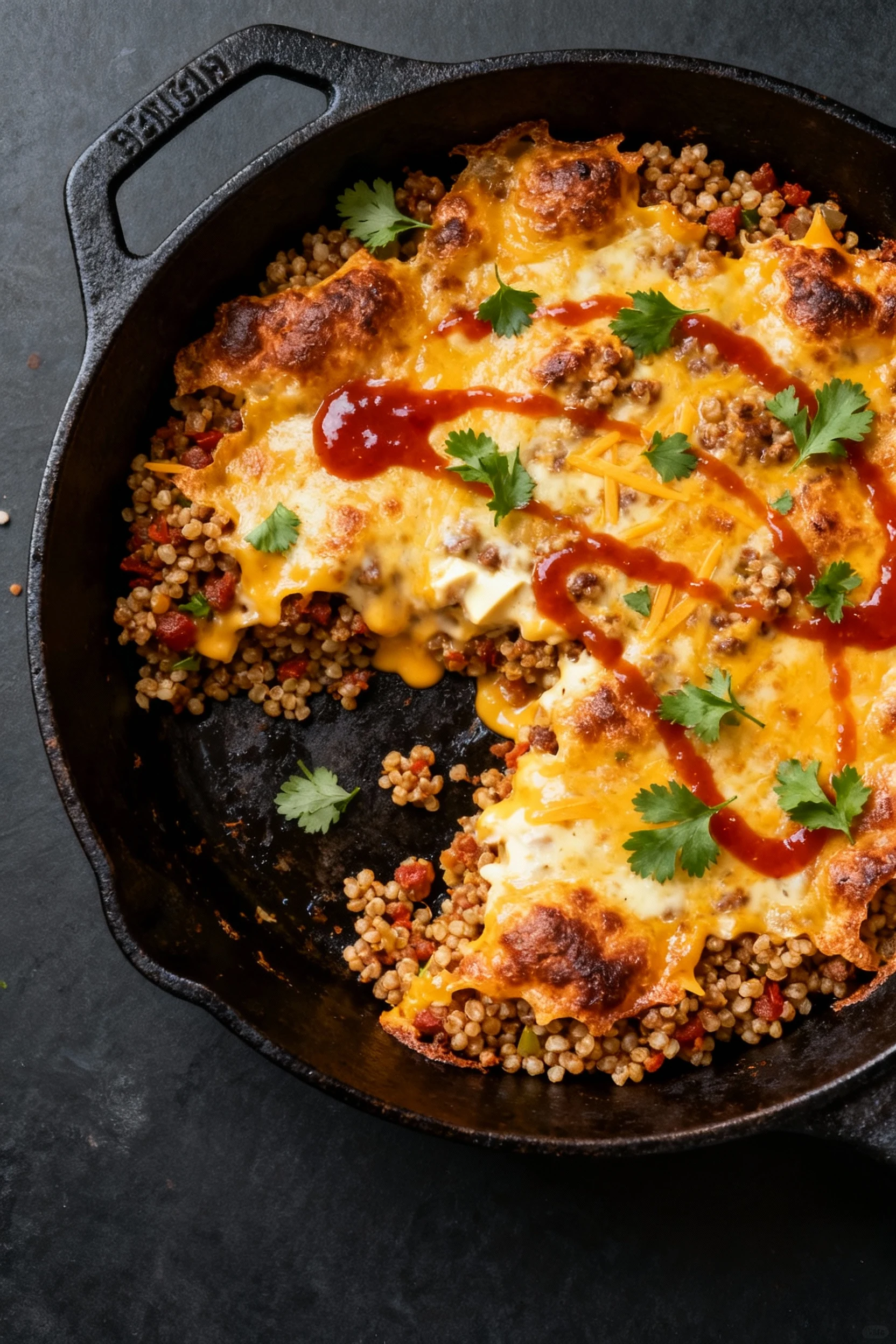 Food photography, Top-down shot of cheesy skillet Mexican quinoa: cast-iron pan with melted pepper jack and cheddar, bub
