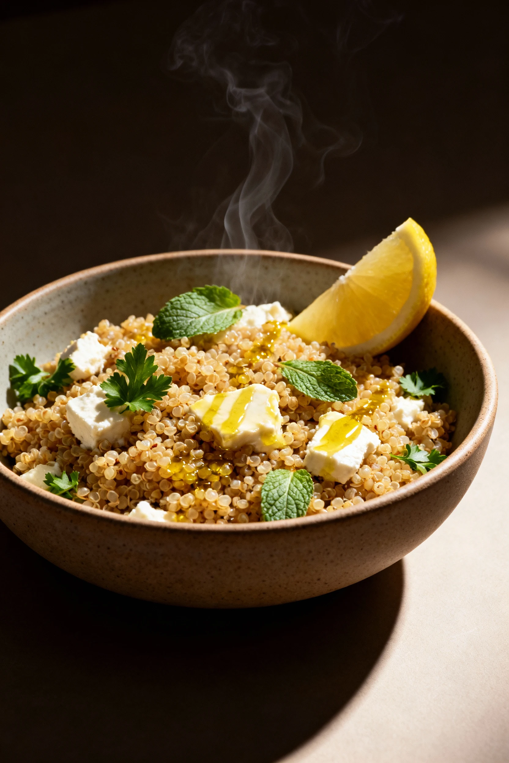 Food photography, Final plated warm version: Greek quinoa salad in matte stoneware with faint steam and partially melted