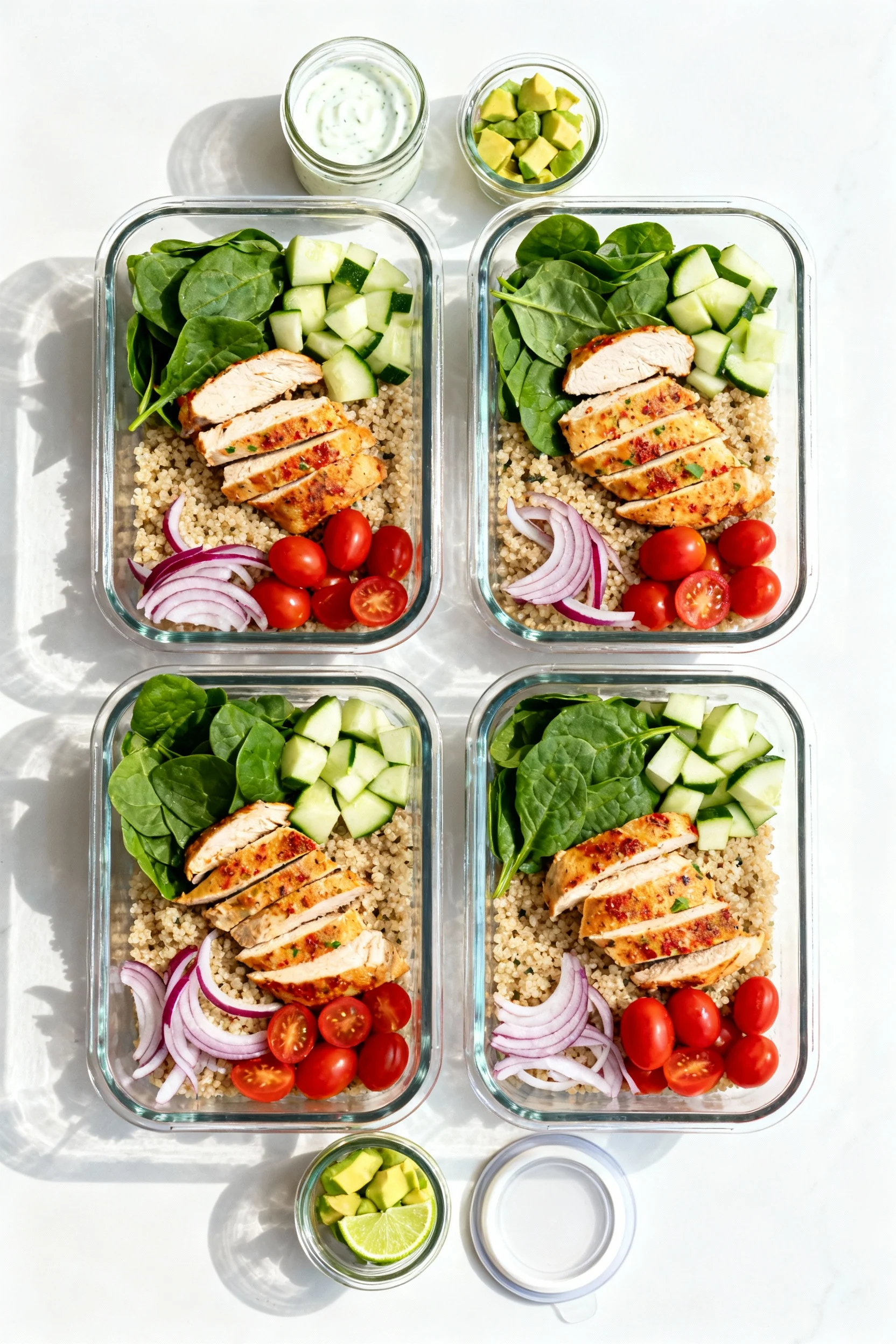 Food photography, Top-down meal-prep scene: four glass containers with a bed of quinoa and sliced chili-lime chicken, cr