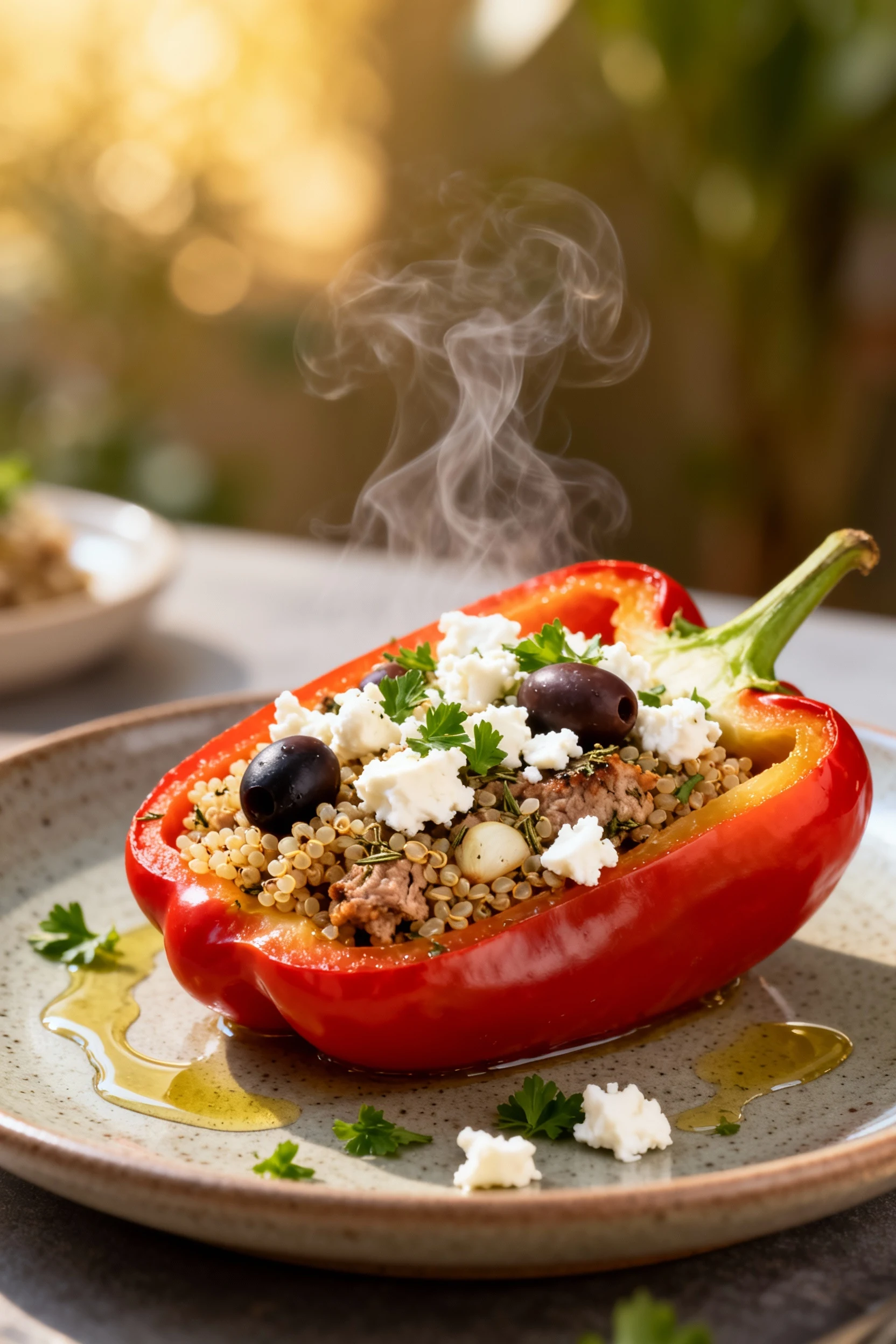 Food photography, Final dish variation: Greek-style stuffed pepper plated on matte stoneware—pepper split open and steam