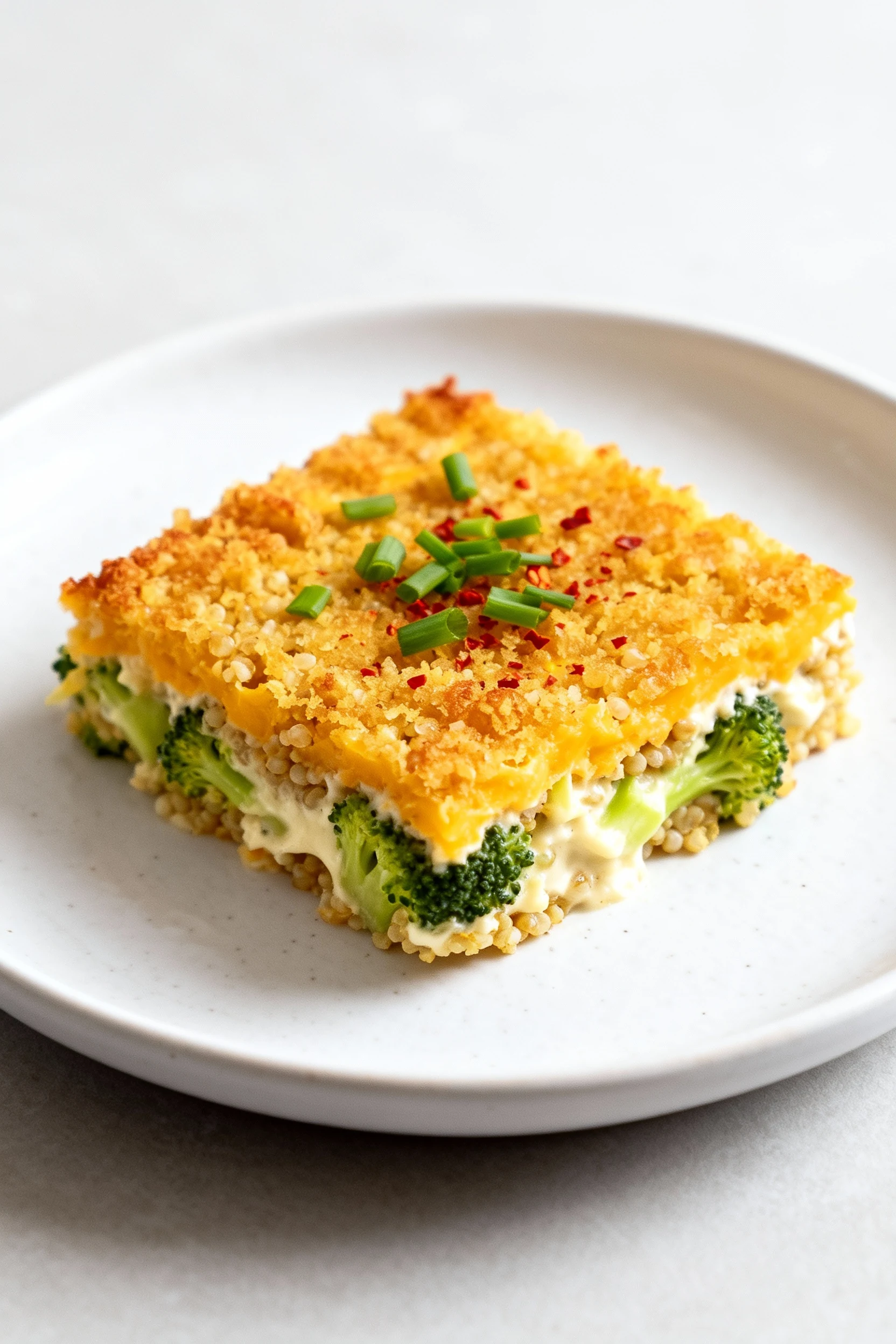 Food photography, Beautifully plated square of broccoli cheddar quinoa casserole on a white ceramic plate; crisp golden 