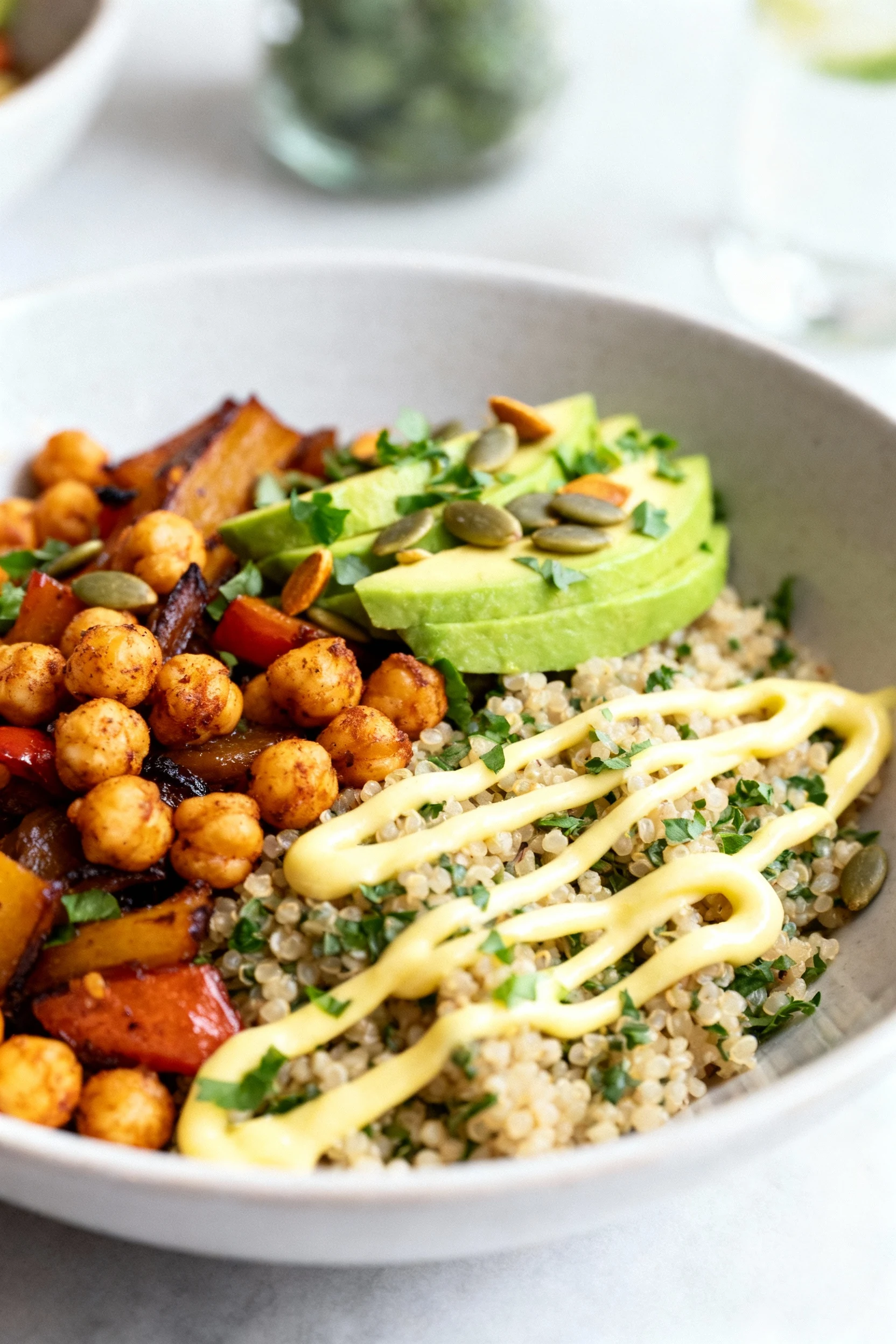 Food photography, 4. Final dish hero: three‑quarter angle of a beautifully plated Buddha bowl showcasing crispy chickpea